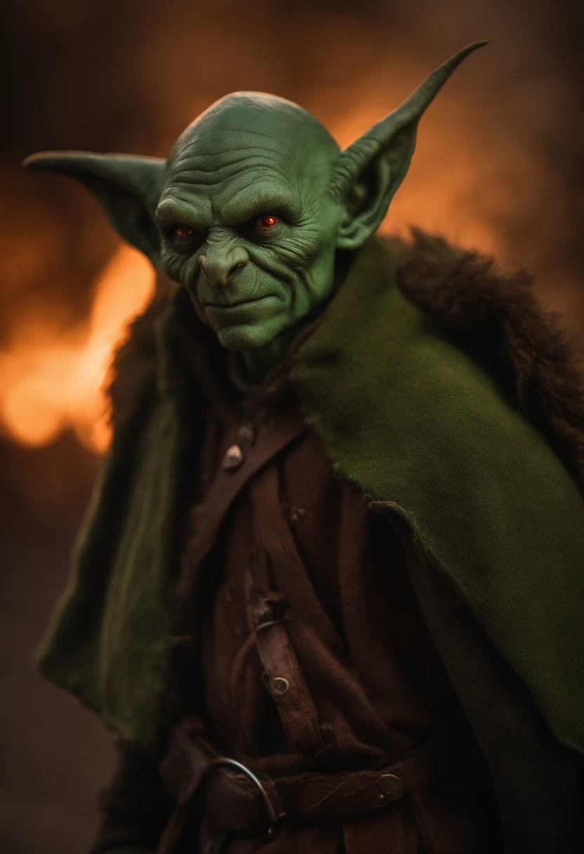 photo of one whole standing figure of green exotic friendly adult grown goblin (medieval clothes) (smooth skin) (d&d ,fantasy) (green skin goblin monster) (dressed in warm clothes) short stature (adult) a ball of fire in one hand (winter clothes) (the goblin is dressed to keep him warm) (male goblin character) winter medieval cloak, nice facial expression, friendly, glowing red eyes, detailed eyes, detailed pupil, film grain, Fujifilm XT3, photography, detailed warm clothes, , height 120cm, a face that inspires confidence, magic, green, the goblin is a warmly dressed man with green skin, goblin is adult, grown goblin, goblin monster, male goblin, a look that commands respect, the figure is standing, adult face, ball of fire above hand, mystical, shaman, small ears, an adult, experienced and serious face, background is frozen tundra, a green face resembling a human and goblin