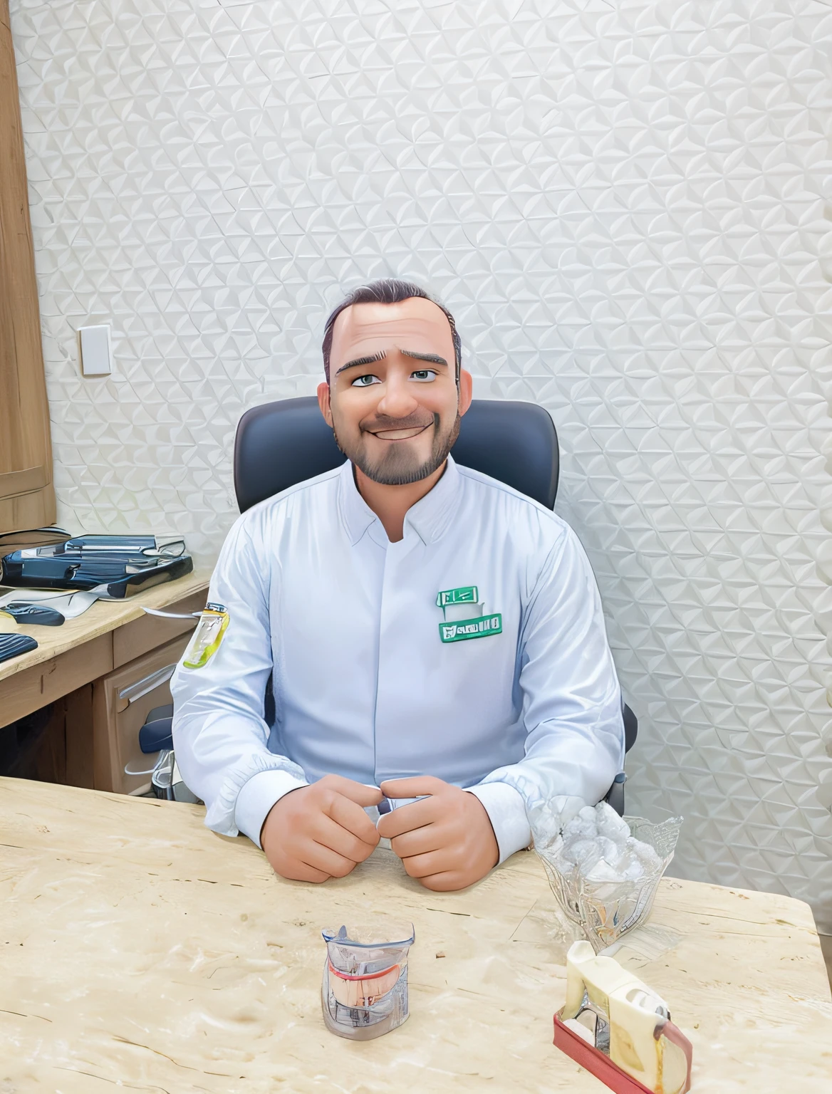 Transform the image into a 3D Disney Pixar style, featuring a smiling male dentist wearing a white coat, sitting in a chair at a table, he has hair shaved almost bald and a very short beard and mustache. The table has some dentist items like dentures. The man appears to be enjoying the moment and posing for the camera. Create a 3D model of the man and the table, keeping in mind the man's facial expression and body language. Add more details to the scene, such as a more vibrant and colorful background, and create a more dynamic and engaging environment for the man to interact with.