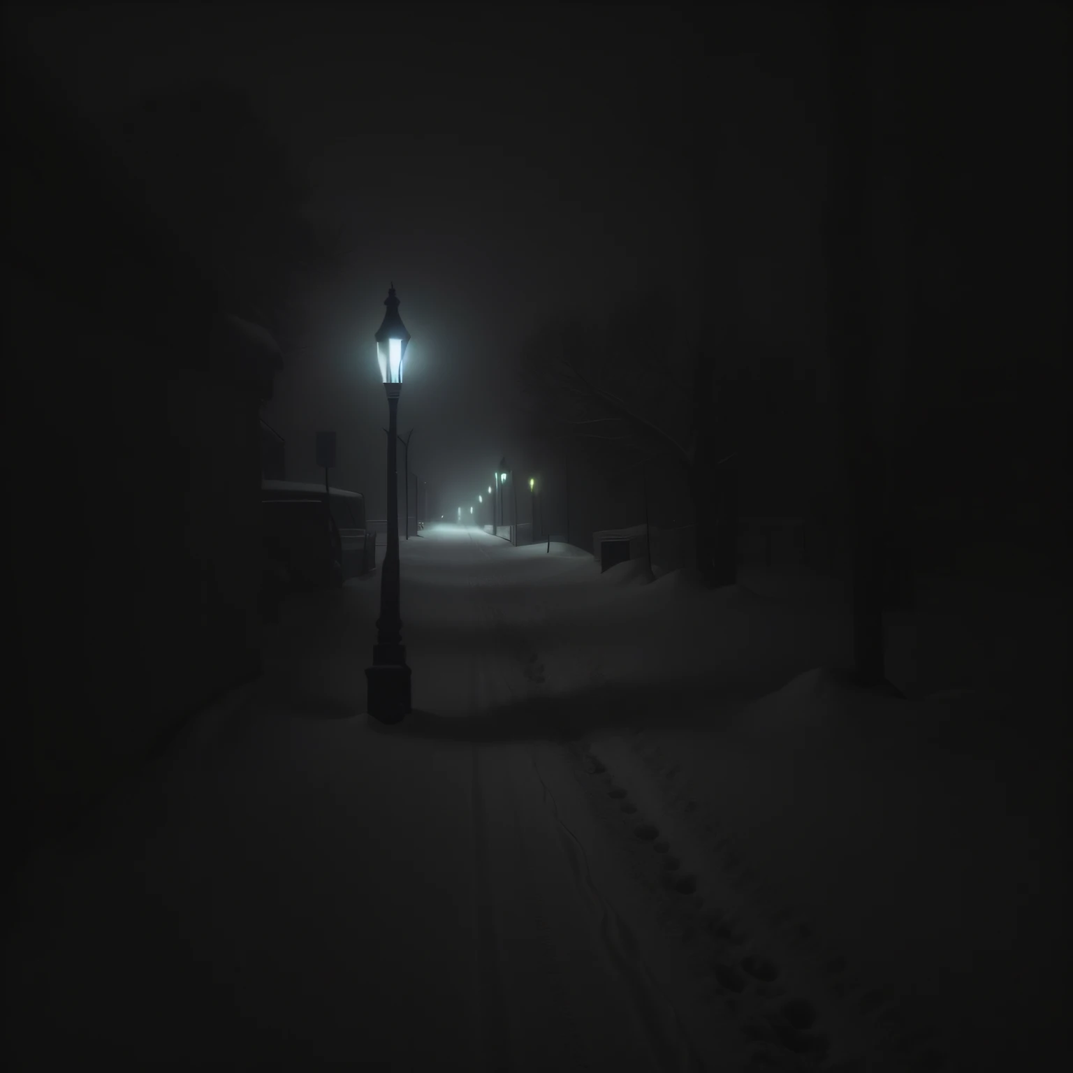 View of street lamp in the dark with snow on the ground, Dark Winter Evening, Snowy Night, Dark winter night in disguise, atmospheric cold lighting, foggy night, photo taken at night, Snowfall at night, winter night, Very atmospheric lighting, Lights are on outside, Night Photography, Perfect lighting in a snowstorm, The Dark Road