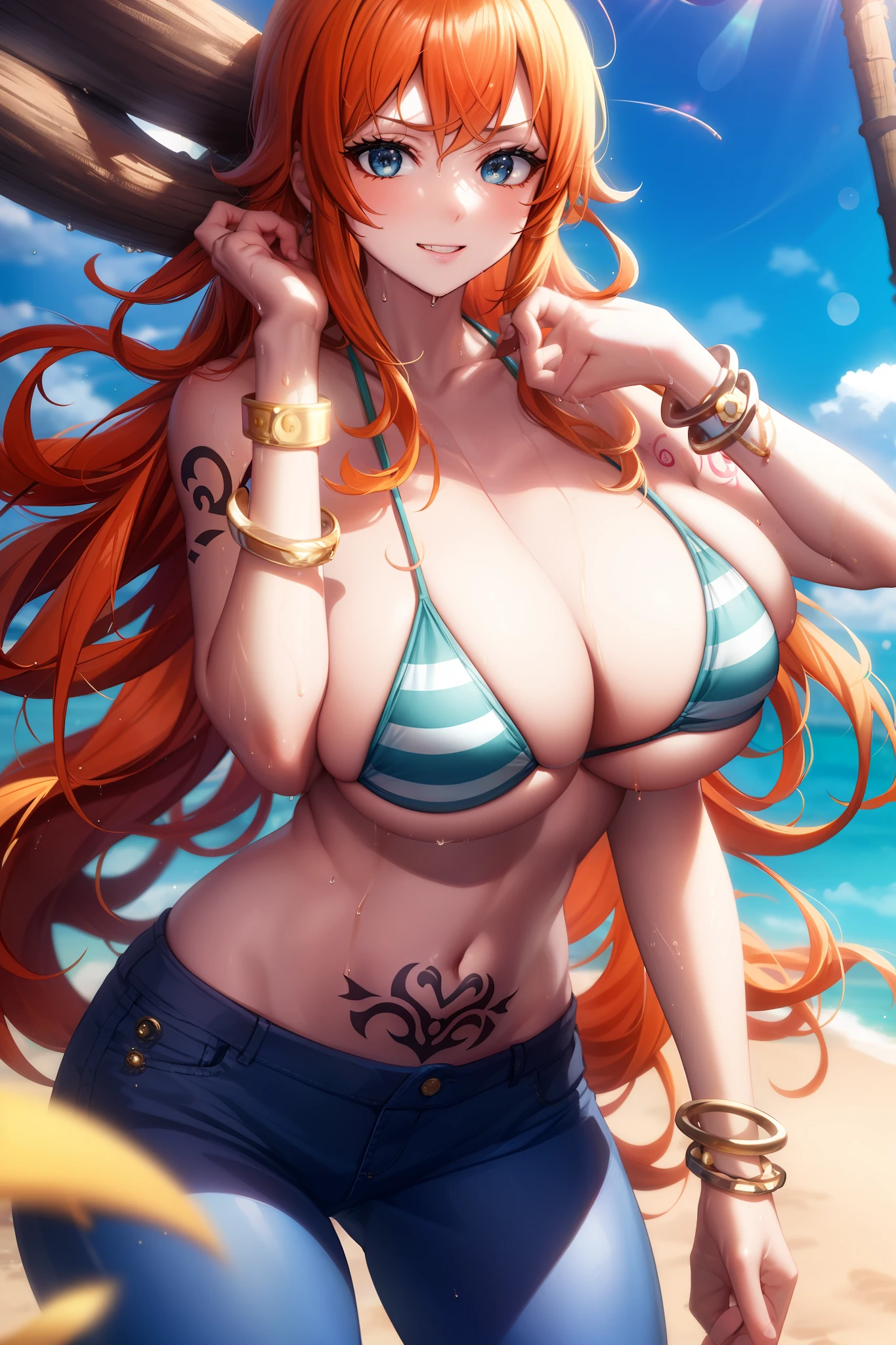 ((巨作)) ((Best Quality)) ((A highly detailed)) ((1Woman)) ((bikini)) ((bikini top only)) ((orange long hair)) ((silky long hair)) ((Right shoulder tattoo)) ((tall ;)) ((One Piece Nami)) ((Nami)) ((wet body)) ((big tits)) ((Attractive eyes)) ((sharp eyes)) ((slim body)) ((High-precision shades)) ((Attractive colors)) ((sky blue)) ((Log pose on her hand)) ((gold bracelets)) , tight , Low length jeans , Light shadows
