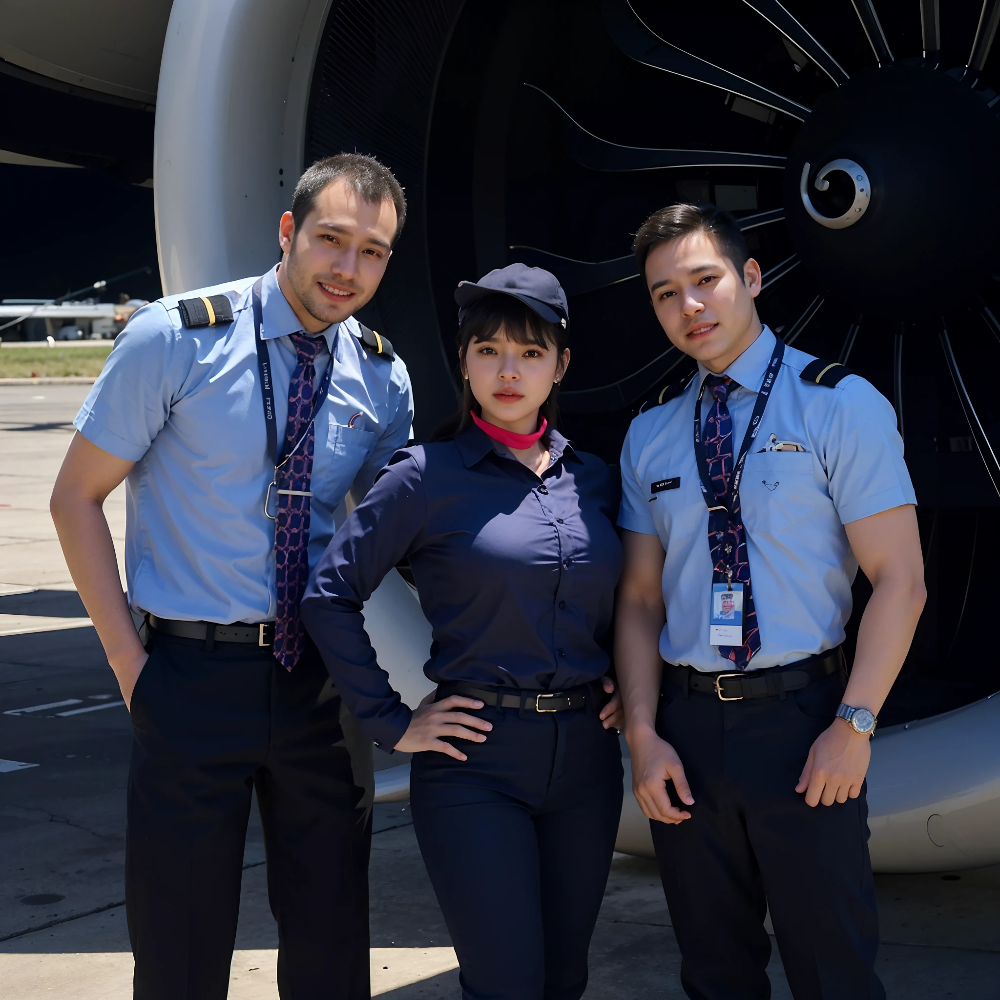 Arafed Air crew in front of a large plane, Postagem no Reddit, foto 85mm, captain, Chile, Chileno, imagem de perfil, maintenance photo, advertising photo, profissional, Fotografia tirada em 2 0 2 0, Valentina Embaralhamento, foto do cartaz, Foto de quadro completo, foto de retrato, Karla Ortiz, album photo, em pilotos, Out on the ground