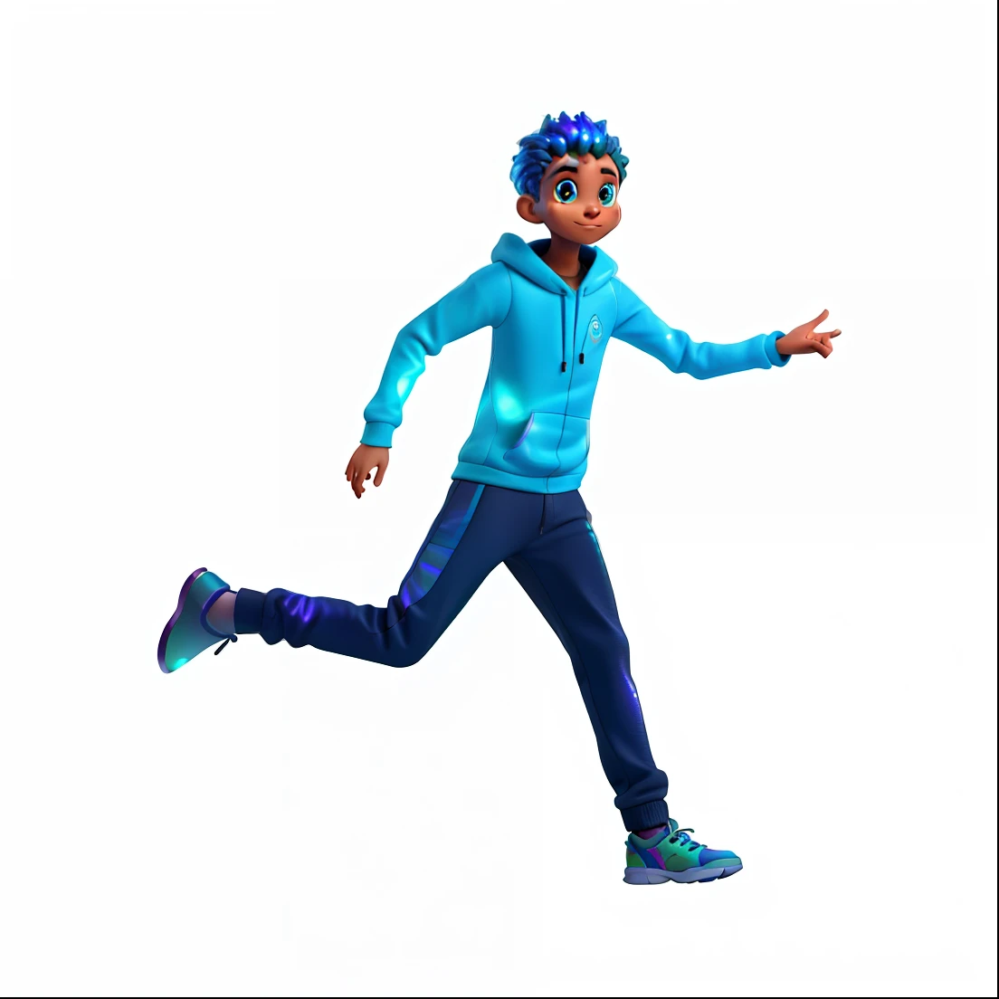 An alien with iridescent and glowing skin, with multiple eyes in geometric shapes, wearing a holographic hoodie that changes color as he moves. He holds a sparkling glass filled with an exotic drink, he's running