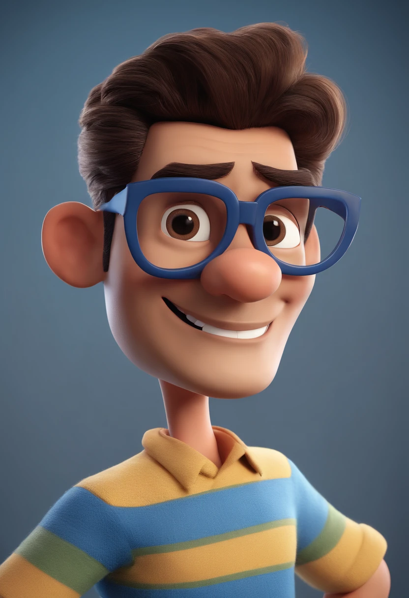 Cartoon character of a man with black glasses and a blue shirt, animation character, Caractere estilizado, animation style rendering, 3D estilizado, Arnold Maya render, 3 d render stylized, toon render keyshot, Personagem 3D, Personagem 3D, 3d rendering stylized, 3 d character render, personagem de desenho animado, Personagem de close up, Pose de personagem, (Estilo Pixar) (master part:1.2) (Bokeh) (best quality) (pele detalhada) (textura detalhada) (8k) (argila) (Cinematic lighting) (foco nítido