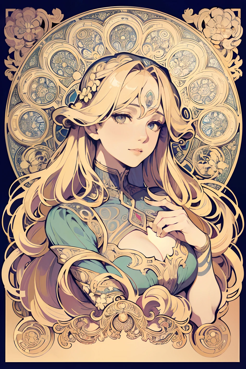 European woman's face portrait, long curly, blonde, flower frame, decorative panel, abstract art, by Alphonse Mucha (masterpiece, highest quality, high resolution: 1.4), detail, intricate details, 4K, color splash, line art, Fibonacci, underwear, fingers in perfect ratio of four thumbs and one thumb