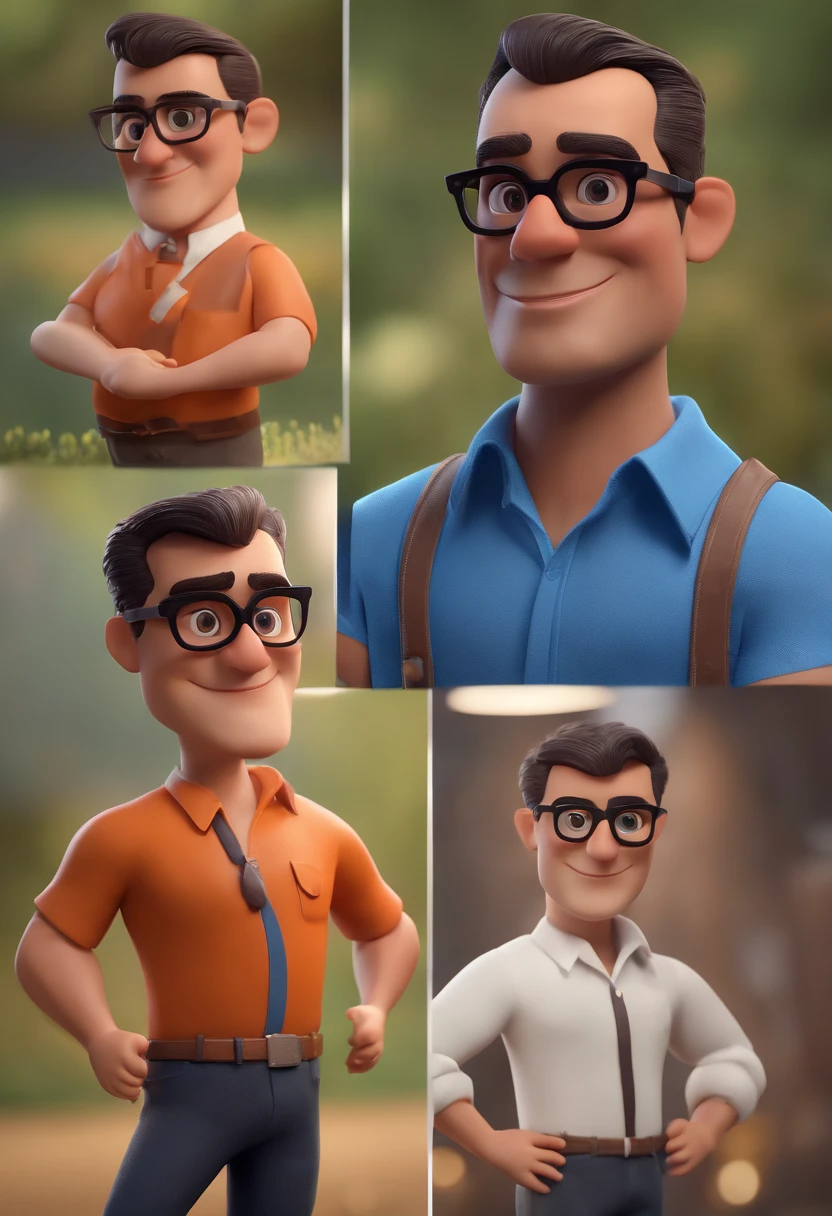 Cartoon character of a man with black glasses and a blue shirt, animation character, Caractere estilizado, animation style rendering, 3D estilizado, Arnold Maya render, 3 d render stylized, toon render keyshot, Personagem 3D, Personagem 3D, 3d rendering stylized, 3 d character render, personagem de desenho animado, Personagem de close up, Pose de personagem, (Estilo Pixar) (master part:1.2) (Bokeh) (best quality) (pele detalhada) (textura detalhada) (8k) (argila) (Cinematic lighting) (foco nítido