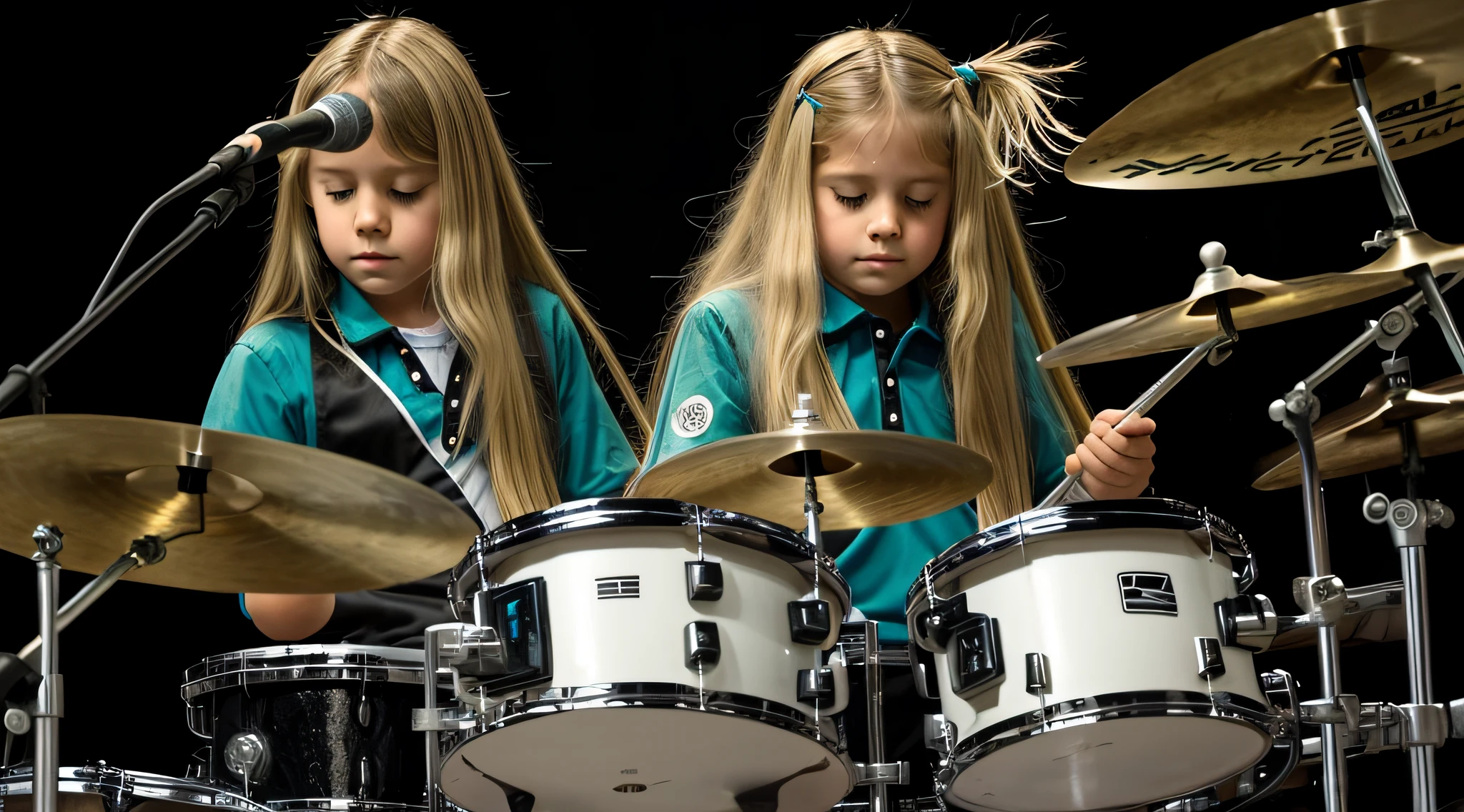 girlThe Russian child with 15 years of age WITH RED LEATHER JACKET, WITH LONG STRAIGHT HAIR BLOND, PORTRAIT STYLE, , Arafed drummer with beard and black shirt in front of a drum kit, BACKLIGHTS.
