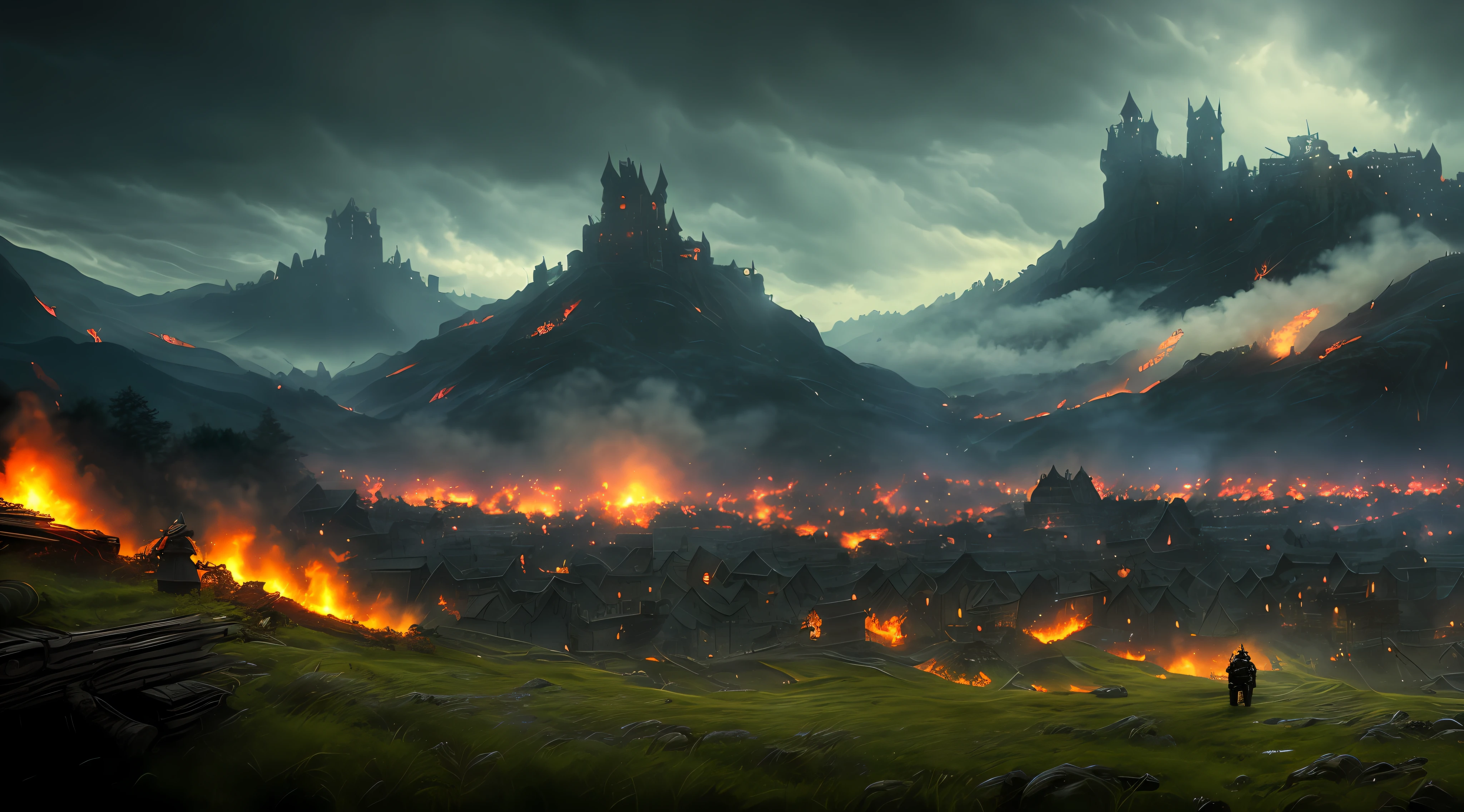 (8k unit wallpaper CG extremely detailed, masterpiece, best quality, ultra-detailed), (((solo))), ((wide shot:1.5)), (a warrior watched the battle from afar, hidden behind a hill), (chaos in the medieval city, he could see the flames of the torches that illuminated the darkness of the night, as the battle continued to roar in the field below, War of the Realms), medieval, magnificent scene, dark sinister environment, illustrator, (best illustration)