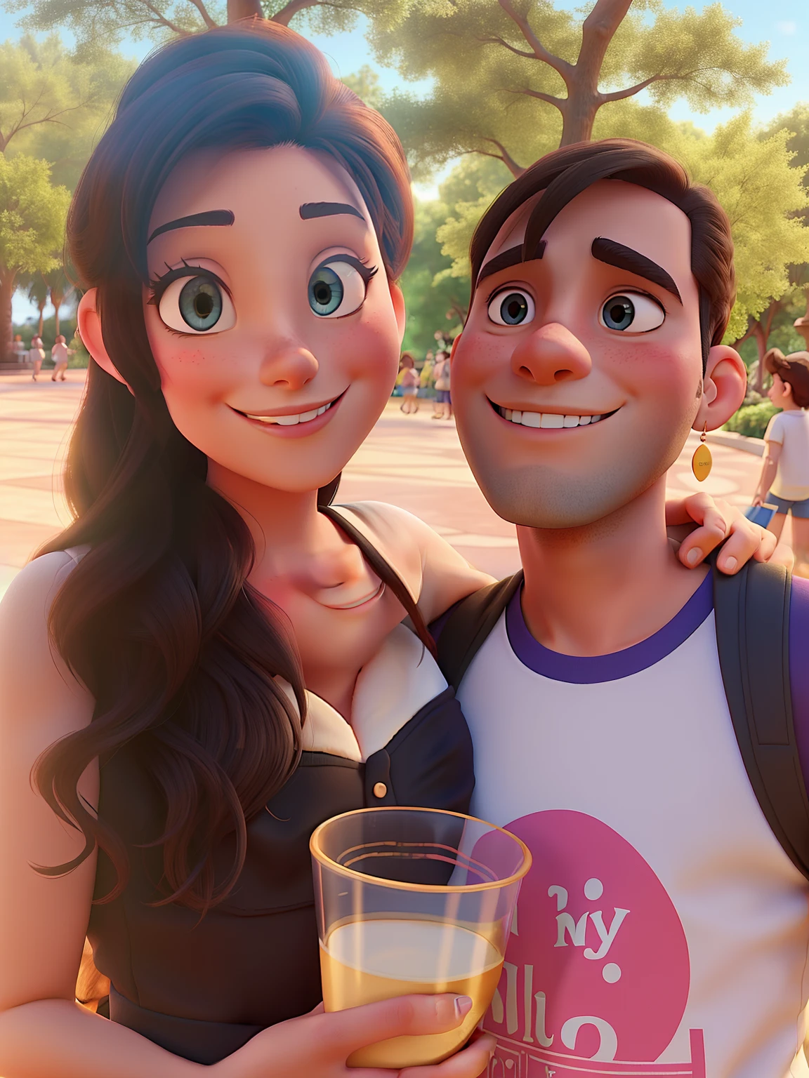 Couple hugging each other on a sunny day in Disney style