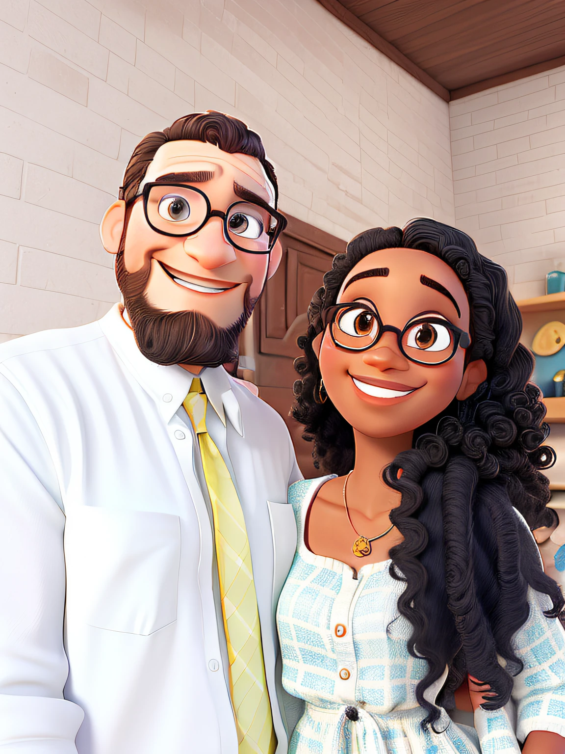Casal, White man with beard and a pair of glasses and a black woman with curly hair and a beautiful smile, estilo pixar