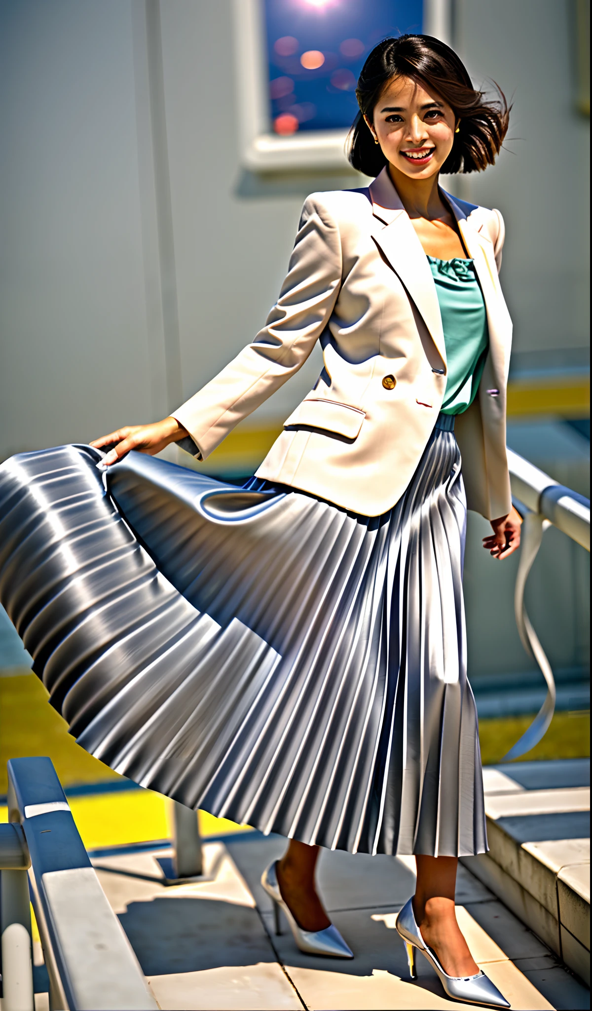 (shy:1,2) (smiling;1,1) woman playing with skirt, dancing, wearing short blazer and very very detailed (long (fully pleated) full circle skirt) and (simple) low heeled office shoes, very very intricate hyper-detailed symmetric (attractive graceful young feminine face) with (sad, tired eyes and a shy smile), large breasts, full of empathy and compassion and love, (pronounced (feminine) features), (highly detailed ultra accurate realistic) hands and fingers, (windy conditions and wind blowing), epic composition, highly detailed attributes, highly detailed space station background, (35mm f1.4 Kodak portra 400 photograph), extremely high quality RAW photograph,