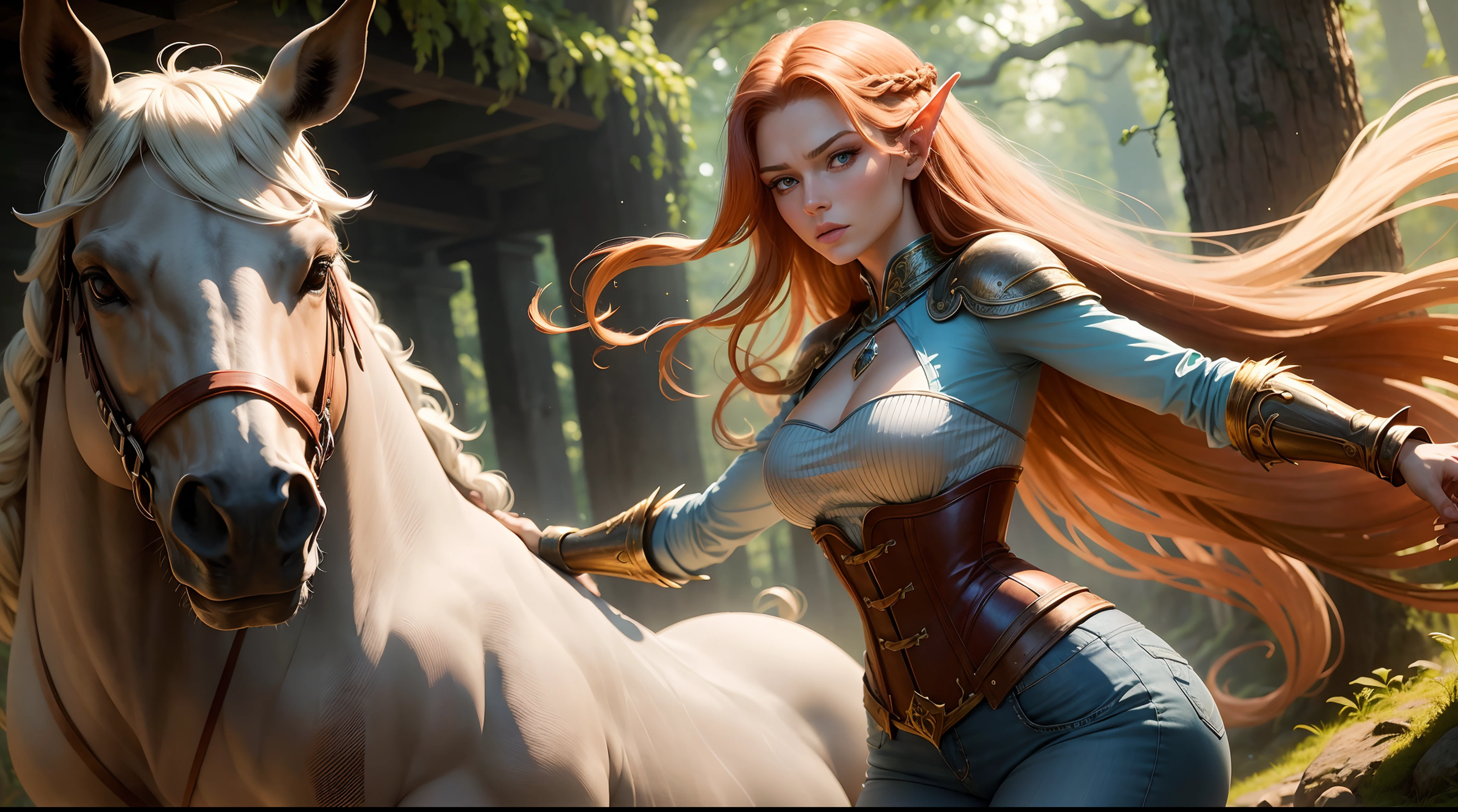 Alyssa Sutherland as a mythological ELFA wearing light blue jeans, blusa jeans mangas longas detalhes dourados, Blusa de garganta alta, sem decote, tight jeans, tight jeans, GAUNTLET de couro marrom, cinto marrom, CORSET de couro marrom, coxas torneadas, strong facial expression, look at the camera, olhos claros, long braided hair, orelhas de ELFO expostas, orelhas de Elfo compridas, Curvilinear athletic body, musculatura definida, Mulher Destemida, Body position of greatness, perspectiva de corpo inteiro, Vista lateral do corpo, floresta, , cavalo, Imagem horizontal 64K altamente detalhada