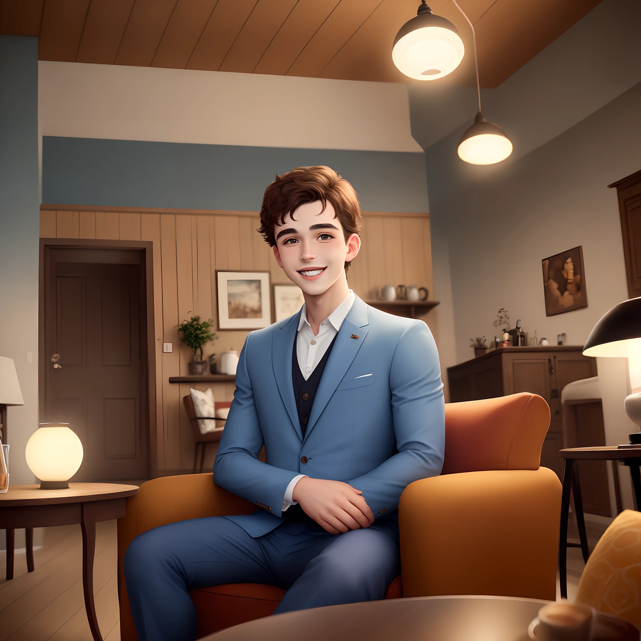 Carlos Barros, Young pixar model guy in blue suit and pants, arms crossed, olhando para frente e sorrindo com os dentes aparecendo; The setting is a cozy living room with an armchair in the corner with a round table with a lampshade and a medium light and underneath a cup of coffee