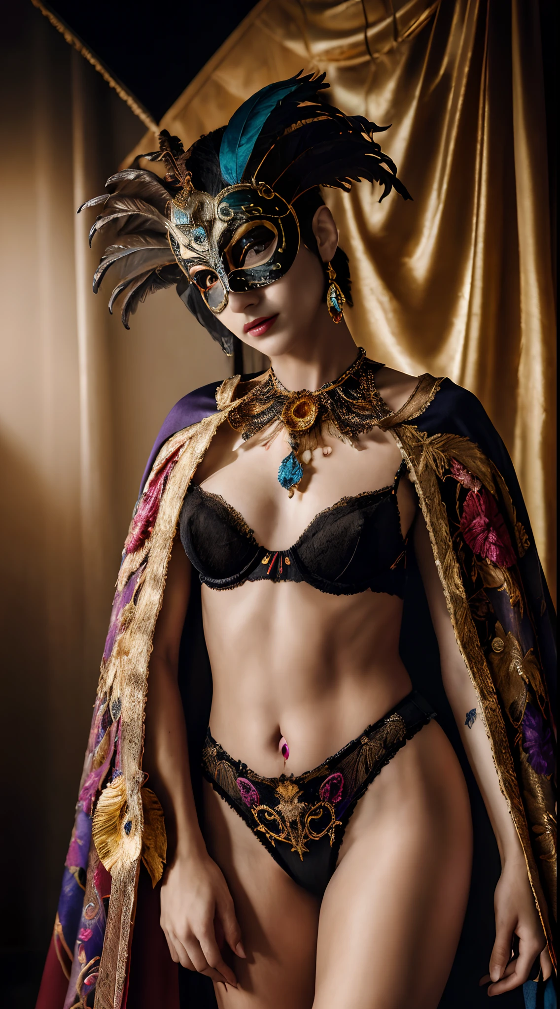 (Centerpiece :1.2), Retro Mysterious, of mesmerizing beauty, Colorful Detailed Venetian Mask, longue cape fluide, Gold embroidered designs, plumes, soie, Drape , Small Worn Lingerie, dimly lit, moody lighting, Professional Photo Studio Decor