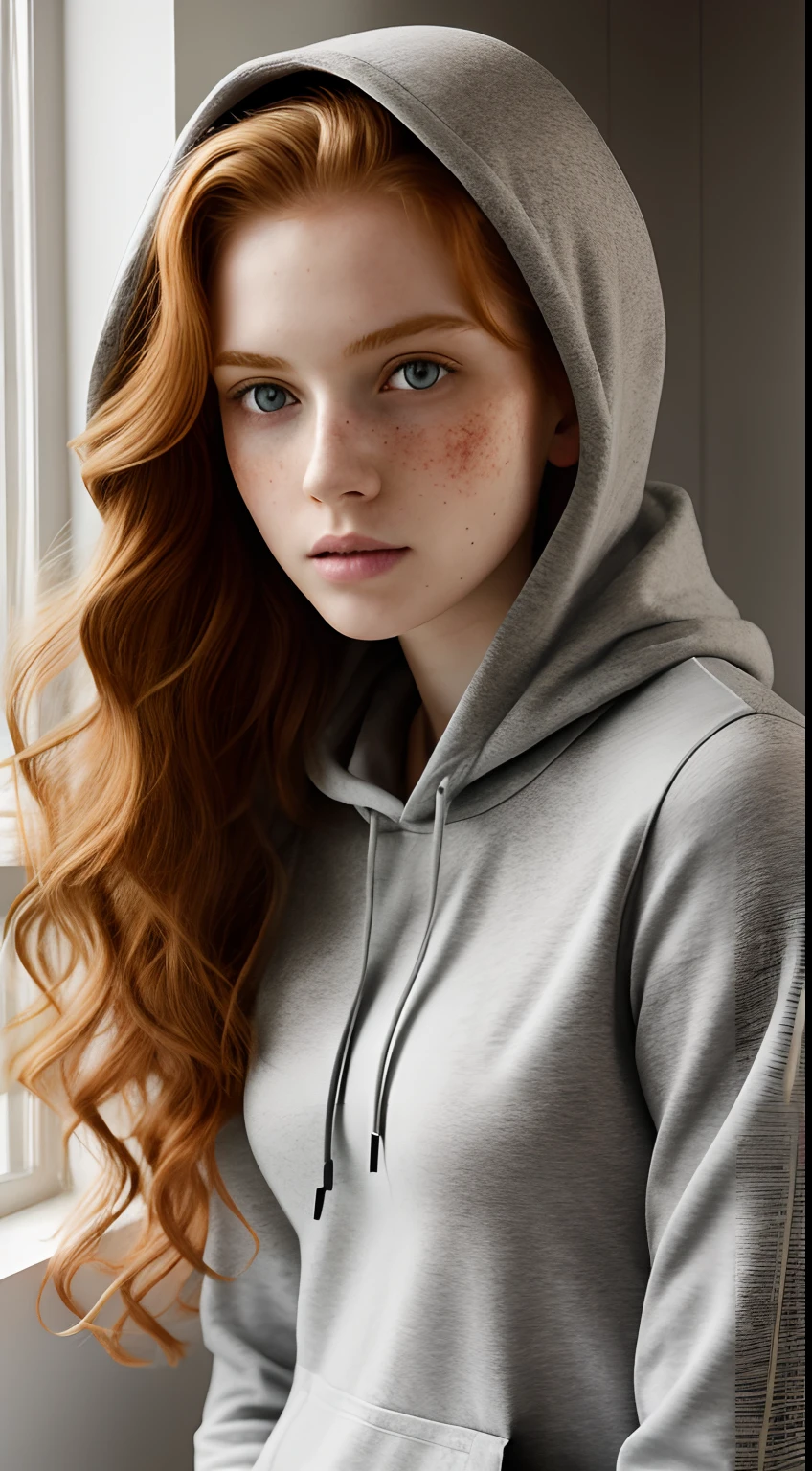 1girl in, age19, Solo, Aesthetic artwork, irish redhead, wavy ginger hair, shoulder length ginger hair, gray eyes, light grey eyes, some small freckles, pale skin, A-cup, small breasts, runners body, fullbody shot, perfect tense, (textured skin, skin pores:1.1), (moles:0.8), imperfect skin, goosebumps, in a kitchen staring out a window, coffee, sad, depressed expression, (extremely detailed 8k wallpaper), soft lighting, high quality, film grain, Fujifilm XT3 sharp focus, f 5.6, 50mm, High Detail, Sharp focus,(natural light), (seductive), gray hoodie, oversized hoodie, Realistic, ultra realistic, photo realistic, crazy details, complex details, hyper detailed,