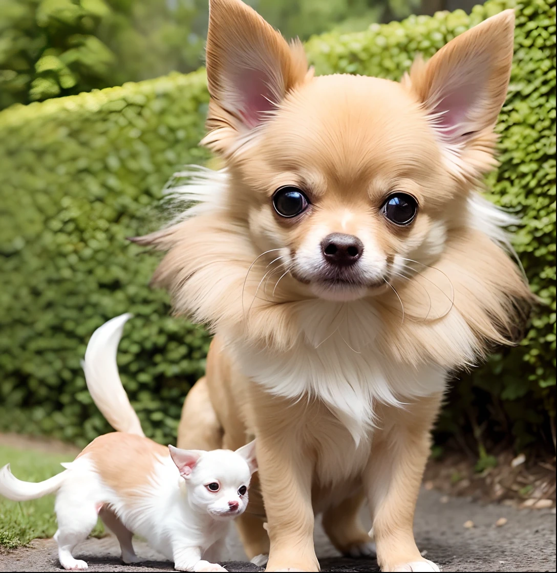 Chihuahua princesa de cabelos longos, Chihuahua, Mistura Pomeriana, pelos longos cor fulvo, desenho pixel, Pomeranian, cauda arbustiva, chihuahua sorrindo, chihuahua com coleira bonita, coleira escrita Kim Kim, pet animal, Cauda fofa, olhos grandes e bonitos, animal bonito, na grama escrito Chicuta Chihuahua, cauda fofa grossa, fundo com casinha branca.