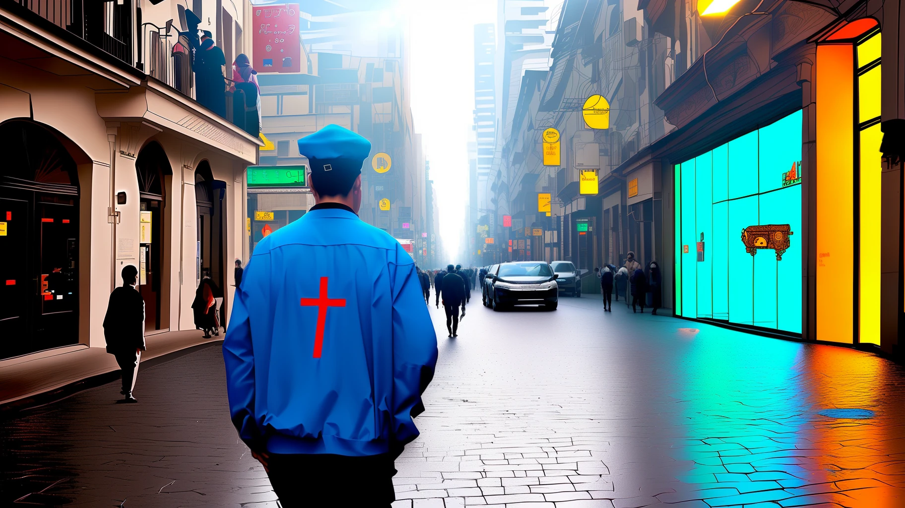 Dystopian city of the future, Full of gloomy skyscrapers, Vibrant blue neon and advanced technology. As ruas podem estar molhadas pela chuva constante, criando reflexos futuristas. Destaque o protagonista, which incorporates a futuristic depiction of a young man with a light-skinned beard and a cap, Use of Technological Apparel and Accessories. Integre elementos de tecnologia, como hologramas, cyber implants, drones ou interfaces de realidade virtual, To emphasize the cyberpunk setting. Utilize uma paleta de cores escuras, com destaque para tons de azul, verde e neon, enquanto incorpora um toque divino, como raios de luz irradiando do personagem de Jesus. Add a touch of religious mystery, such as sacred symbols or scriptures. coloque um combate com inimigo das trevas