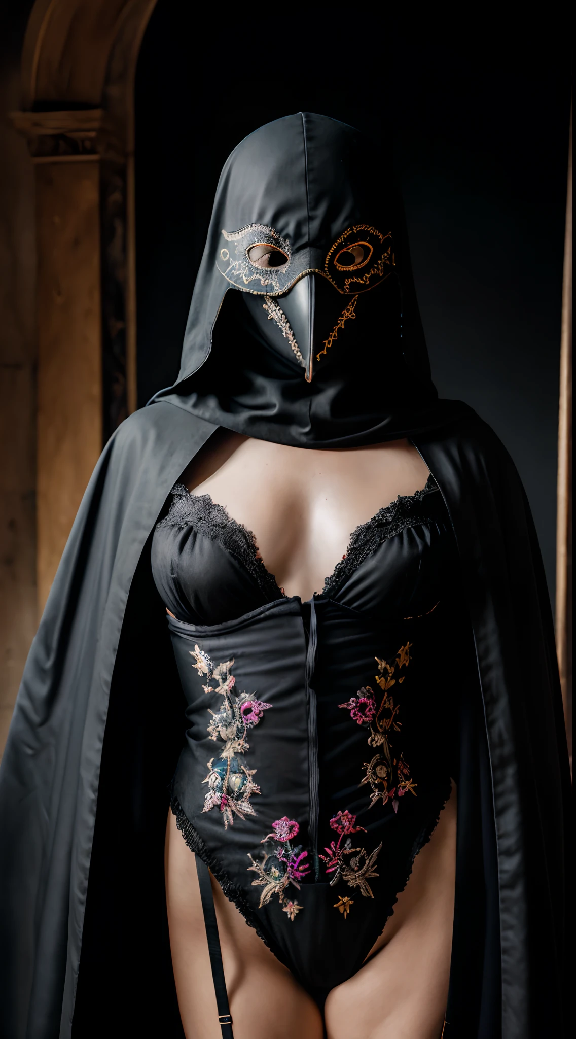 (master piece :1.2), Retro Black Raven Masked Plague Doctor, dark and mysterious, of mesmerizing beauty, Colorful Detailed Venetian Mask , longue cape fluide, Embroidered patterns, cuir ancien, Worn lingerie small , dimly lit, ambient lighting, Professional Photo Studio Decor