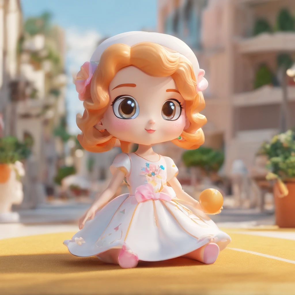 super cute girl IP by pop mart, Bright eyes, cherub,Little white dress, Clay, Models, a blind box toy, Glossy and delicate,Clean background, Good gloss, 3D rendering of,Best quality