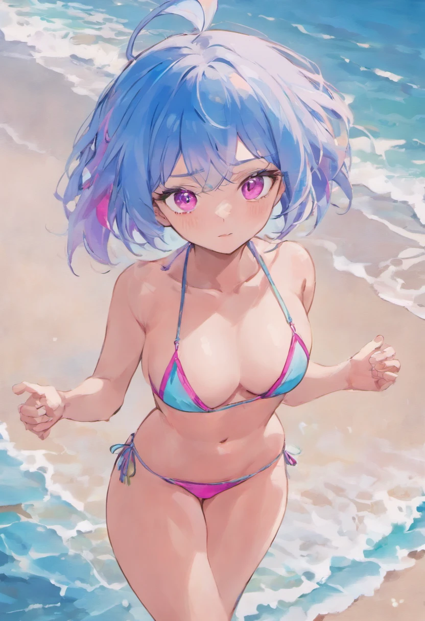 Girl, blue hair, pink eyes, big chest. bikini,on a beach, doppel,by doppel