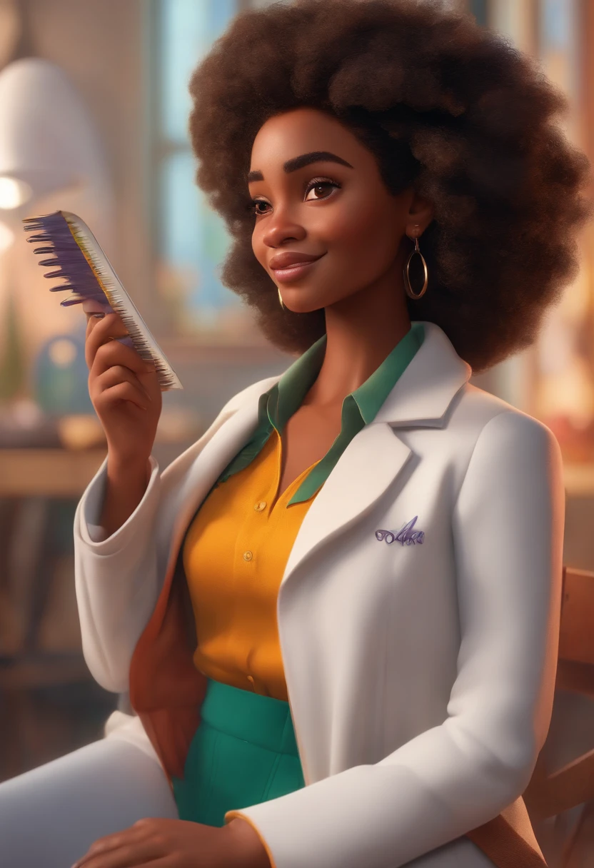 (a character in the style of Pixar, wearing a white coat, a dark-skinned character) detailed eyes, detailed lips, beautiful emotive face, long eyelashes, friendly smile, curly hair, stylishly messy hair, optimistic expression, slightly raised eyebrows, confident stance, holding a sketchbook and pencil, surrounded by colorful paintbrushes, vibrant palette of colors, natural lighting, harmonious color scheme, realistic shading and texture, professional artwork, Pixar-inspired style. (high-quality, 4k, ultra-detailed), (portrait, digital illustration), (studio lighting, vivid colors), (realistic, photorealistic), (colorful, vibrant).