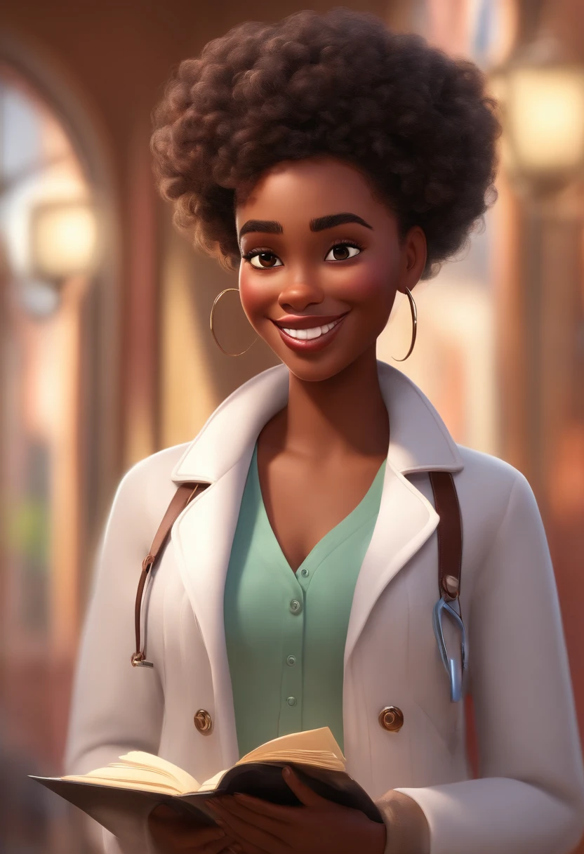 (a character in the style of Pixar, wearing a white coat, a dark-skinned character) detailed eyes, detailed lips, beautiful emotive face, long eyelashes, friendly smile, curly hair, stylishly messy hair, optimistic expression, slightly raised eyebrows, confident stance, holding a sketchbook and pencil, surrounded by colorful paintbrushes, vibrant palette of colors, natural lighting, harmonious color scheme, realistic shading and texture, professional artwork, Pixar-inspired style. (high-quality, 4k, ultra-detailed), (portrait, digital illustration), (studio lighting, vivid colors), (realistic, photorealistic), (colorful, vibrant).