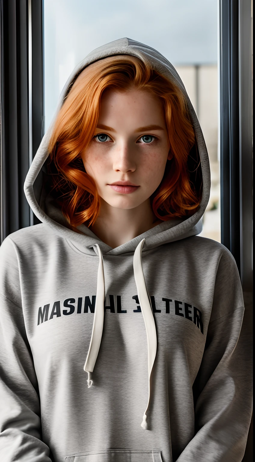 1girl in, age19, Solo, Aesthetic artwork, irish redhead, wavy ginger hair, shoulder length ginger hair, gray eyes, light grey eyes, some small freckles, pale skin, A-cup, small breasts, runners body, fullbody shot, perfect tense, (textured skin, skin pores:1.1), (moles:0.8), imperfect skin, goosebumps, in a kitchen staring out a window, coffee, sad, crying, depressed expression, (extremely detailed 8k wallpaper), soft lighting, high quality, film grain, Fujifilm XT3 sharp focus, f 5.6, 50mm, High Detail, Sharp focus,(natural light), (seductive), gray hoodie, oversized hoodie, Realistic, ultra realistic, photo realistic, crazy details, complex details, hyper detailed,