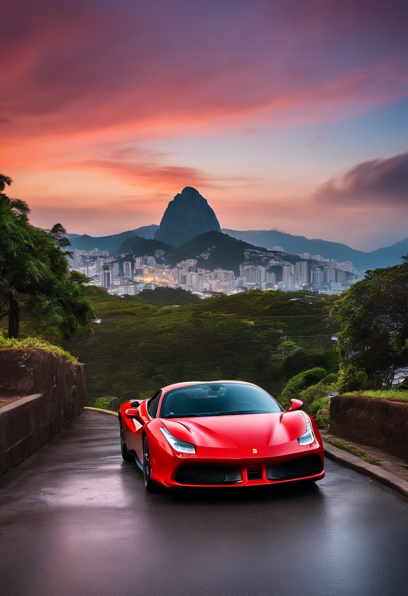(best quality, 8k, master part :1.2), hyper realistic, uma Ferrari 488 vermelha em uma montain, cidade do Rio de Janeiro Brasil em segundo plano, The vision of Christ the Redeemer, e uma linda menina de cabelos castanhos com roupas esportivas olhando para a paisagem