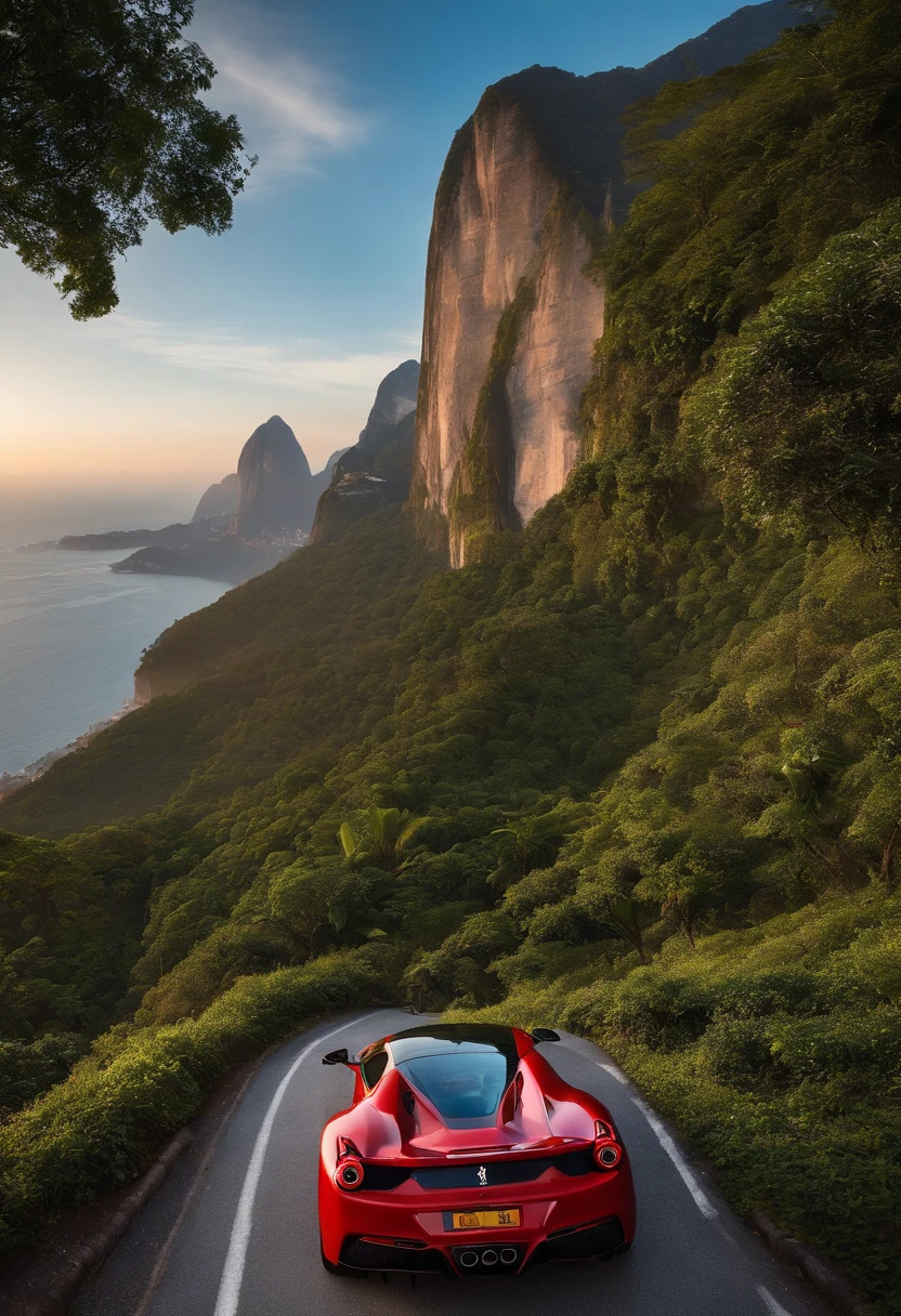 (best quality, 8k, master part :1.2), hyper realistic, uma Ferrari 488 vermelha em uma montain, cidade do Rio de Janeiro Brasil em segundo plano, The vision of Christ the Redeemer, e uma linda menina de cabelos castanhos com roupas esportivas olhando para a paisagem