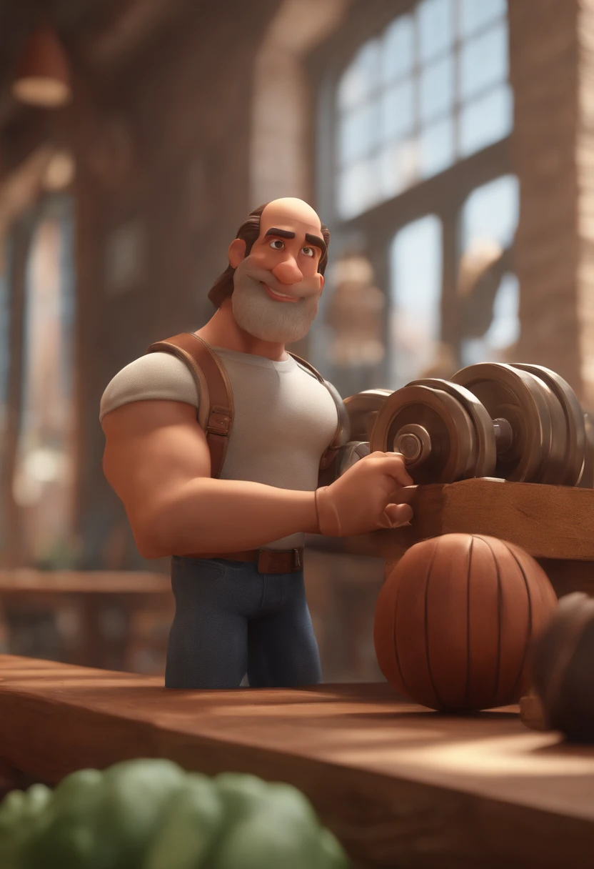 personagem dos desenhos animados de um homem com cerca de 36 anos , forte e musculoso, cabelos curtos pretos um pouco calvo, olhos castanhos escuros , Inside a bodybuilding gym with old, rusty equipment, animation character, Caractere estilizado, animation style rendering, 3D estilizado, Arnold Maya render, 3 d render stylized, toon render keyshot, Personagem 3D, Personagem 3D, 3d rendering stylized, 3 d character render, personagem de desenho animado, Personagem de close up, Pose de personagem,  (Estilo Pixar) (master part:1.2) (Bokeh) (best quality) (pele detalhada) (textura detalhada) (8k) (argila) (Cinematic lighting) (foco nítido