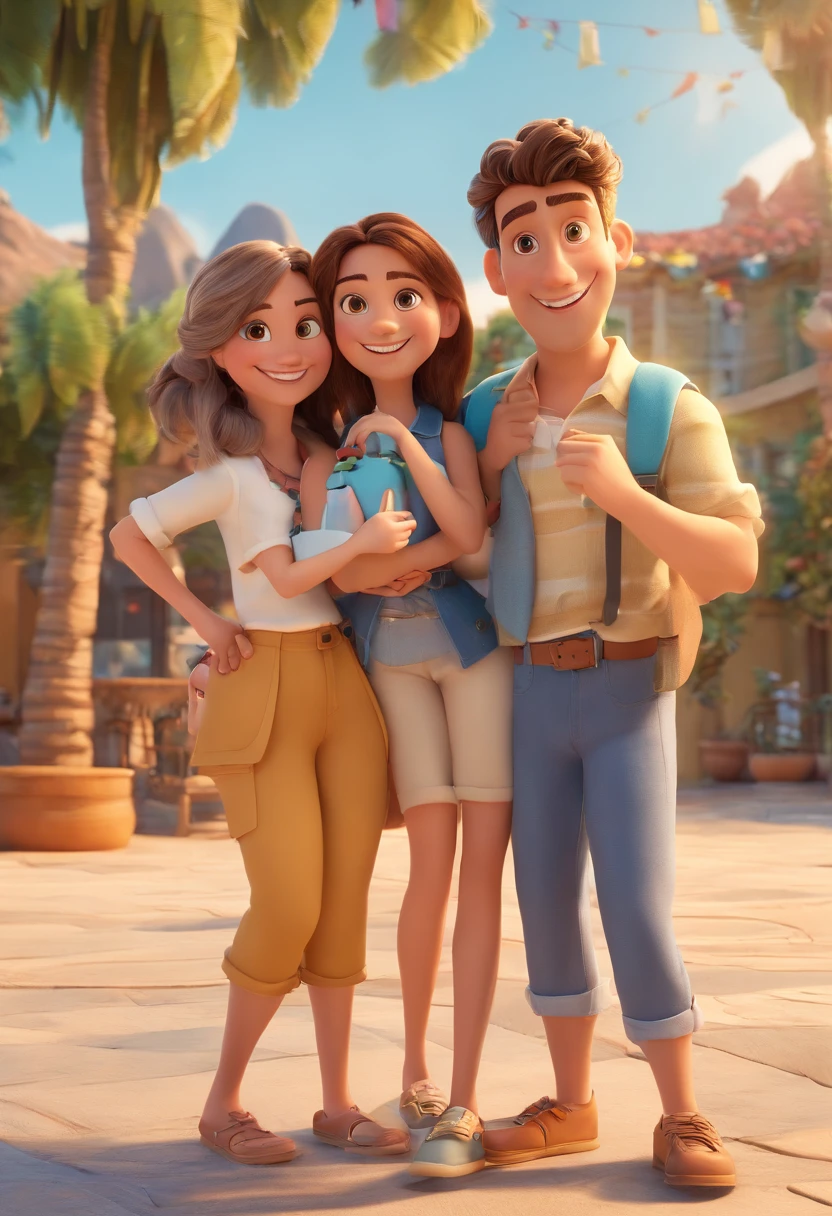Cartoon of friends having fun on vacation together, 3D Animation Movie Poster, Poster de filme animado, pixar 3 d animation style, pixar renderman rendering, maia 8 mil, animated film, Disney Pixar Estilo 3D, amigos felizes saem juntos, all wearing light blue shirts and cream brown long pants, camisa azul clara, cream brown pants, ao ar livre, vacation, Disney Pixar Animation Poster
