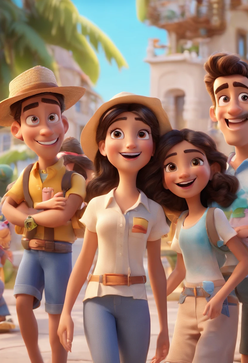 Cartoon of friends having fun on vacation together, 3D Animation Movie Poster, Poster de filme animado, pixar 3 d animation style, pixar renderman rendering, maia 8 mil, animated film, Disney Pixar Estilo 3D, amigos felizes saem juntos, all wearing light blue shirts and cream brown long pants, camisa azul clara, cream brown pants, ao ar livre, vacation, Disney Pixar Animation Poster