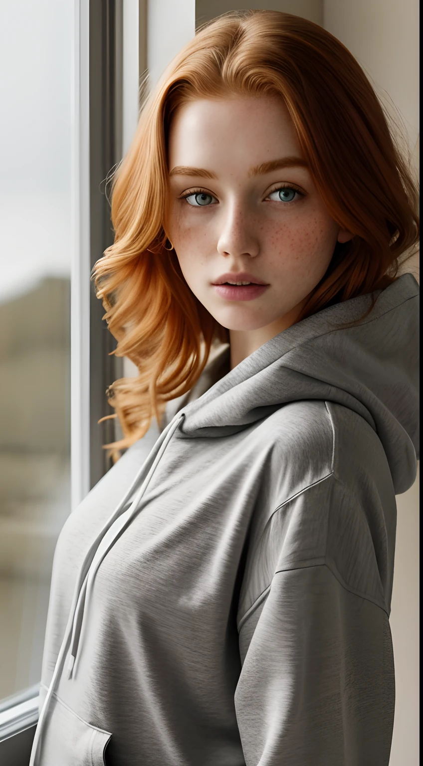 1girl in, age19, Solo, Aesthetic artwork, irish redhead, wavy ginger hair, shoulder length ginger hair, gray eyes, light grey eyes, some small freckles, pale skin, A-cup, small breasts, runners body, fullbody shot, perfect tense, (textured skin, skin pores:1.1), (moles:0.8), imperfect skin, goosebumps, in a kitchen staring out a window, coffee, sad, crying, depressed expression, pouting, closeup, (extremely detailed 8k wallpaper), soft lighting, high quality, film grain, Fujifilm XT3 sharp focus, f 5.6, 50mm, High Detail, Sharp focus,(natural light), (seductive), gray hoodie, oversized hoodie, Realistic, ultra realistic, photo realistic, crazy details, complex details, hyper detailed,