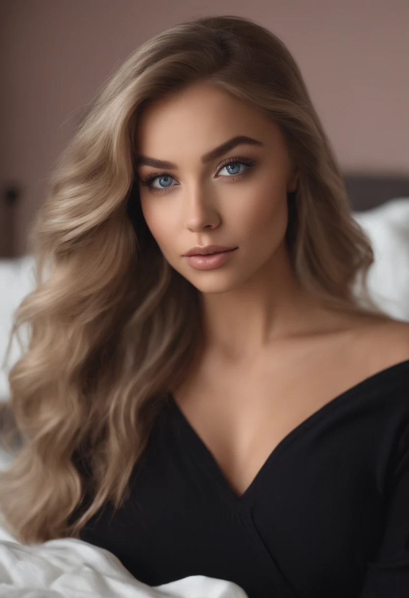 arafed woman fully , sexy girl with blue eyes, ultra realistic, meticulously detailed, portrait sophie mudd, blonde hair and large eyes, selfie of a young woman, bedroom eyes, violet myers, without makeup, natural makeup, looking directly at the camera, face with artgram, subtle makeup, stunning full body shot kneeling on bed, in bedroom, medium to large size bust mixed race