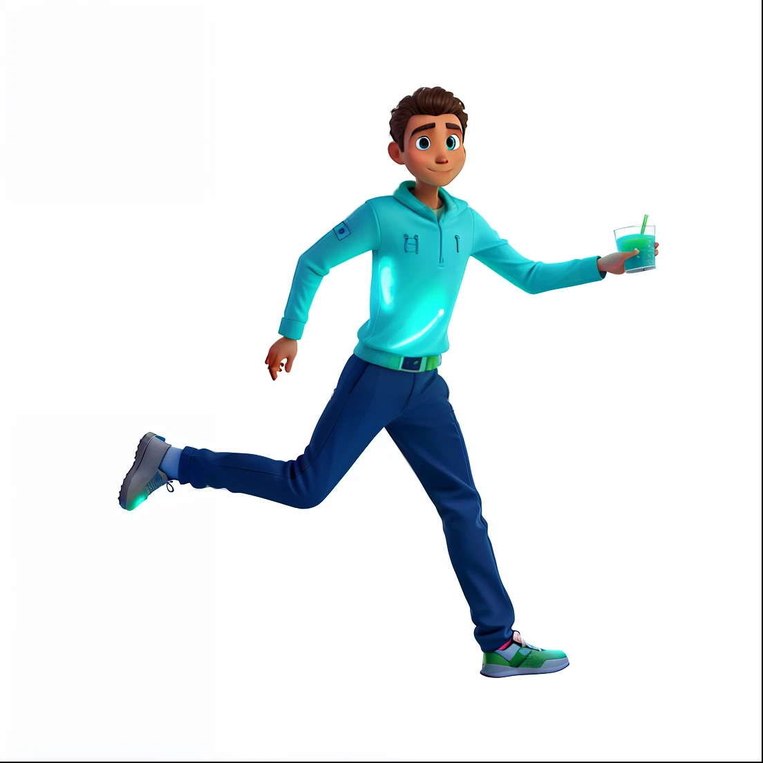 A glowing alien with color rehearse running,o with a glass of drink in his hand