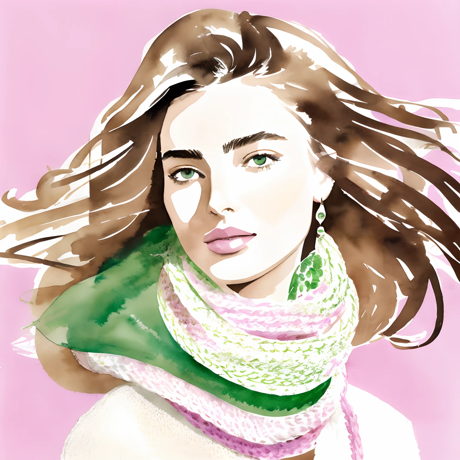 David Downton fashion illustration, line art and airy gentle watercolor drawing, blonde light brown hair woman 35 y.o, bob thin hair, profile, Andreea Diaconu, light pink jacket, lilac green woolen knitted scarf, windy, creative, designer,