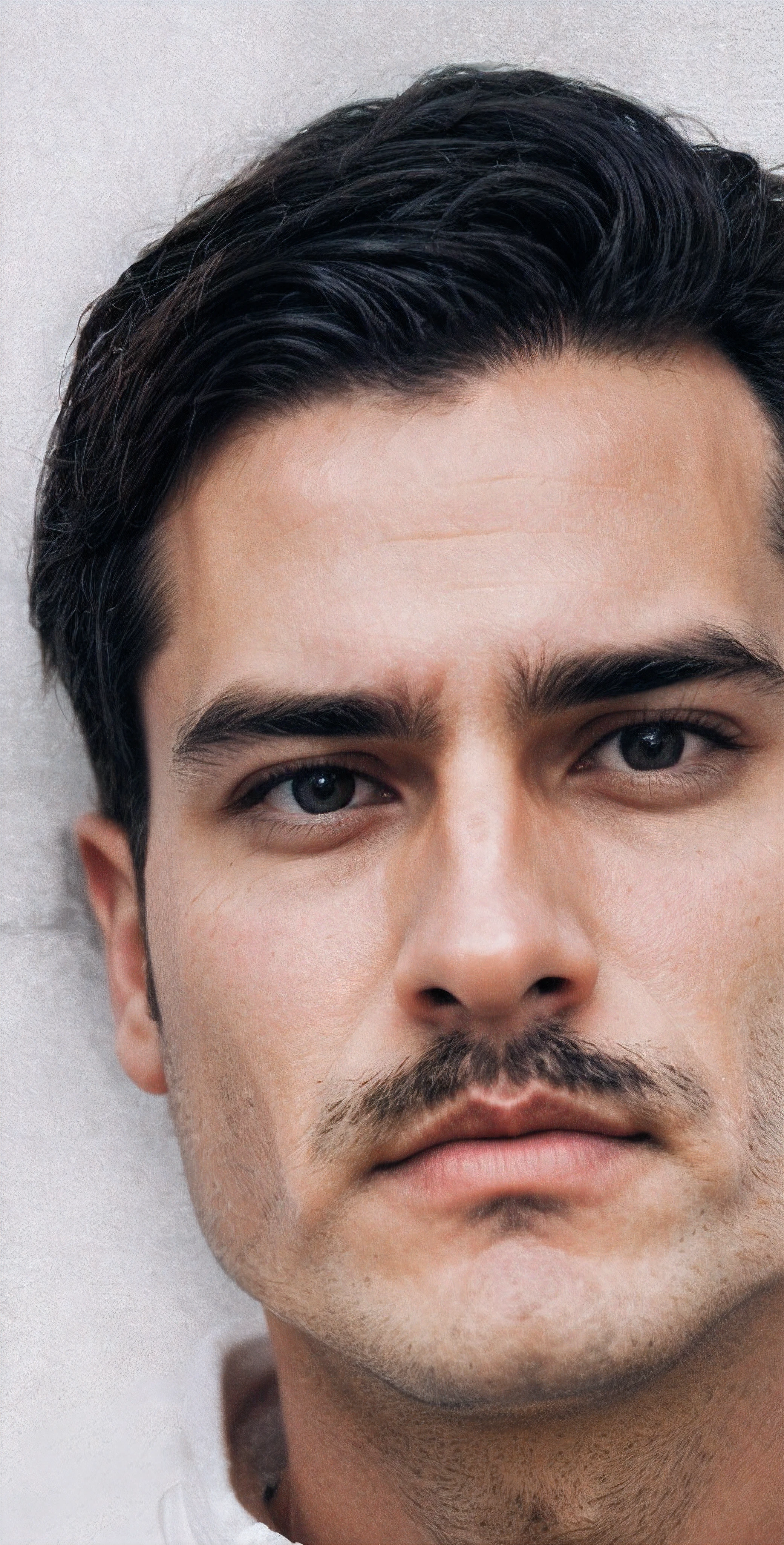 Man with moustache and mustache looks at the camera, bigode fino, Bigode mexicano, bigode grosso, rosto detalhado com bigode, Rosto Masculino, tiny thin mustache, Unibrow, pelos faciais curtos, square masculine facial features, bonito rosto detalhado, pelos faciais cuidados, Retrato close up do cara, masculine features, bigode natural, handlebar mustache