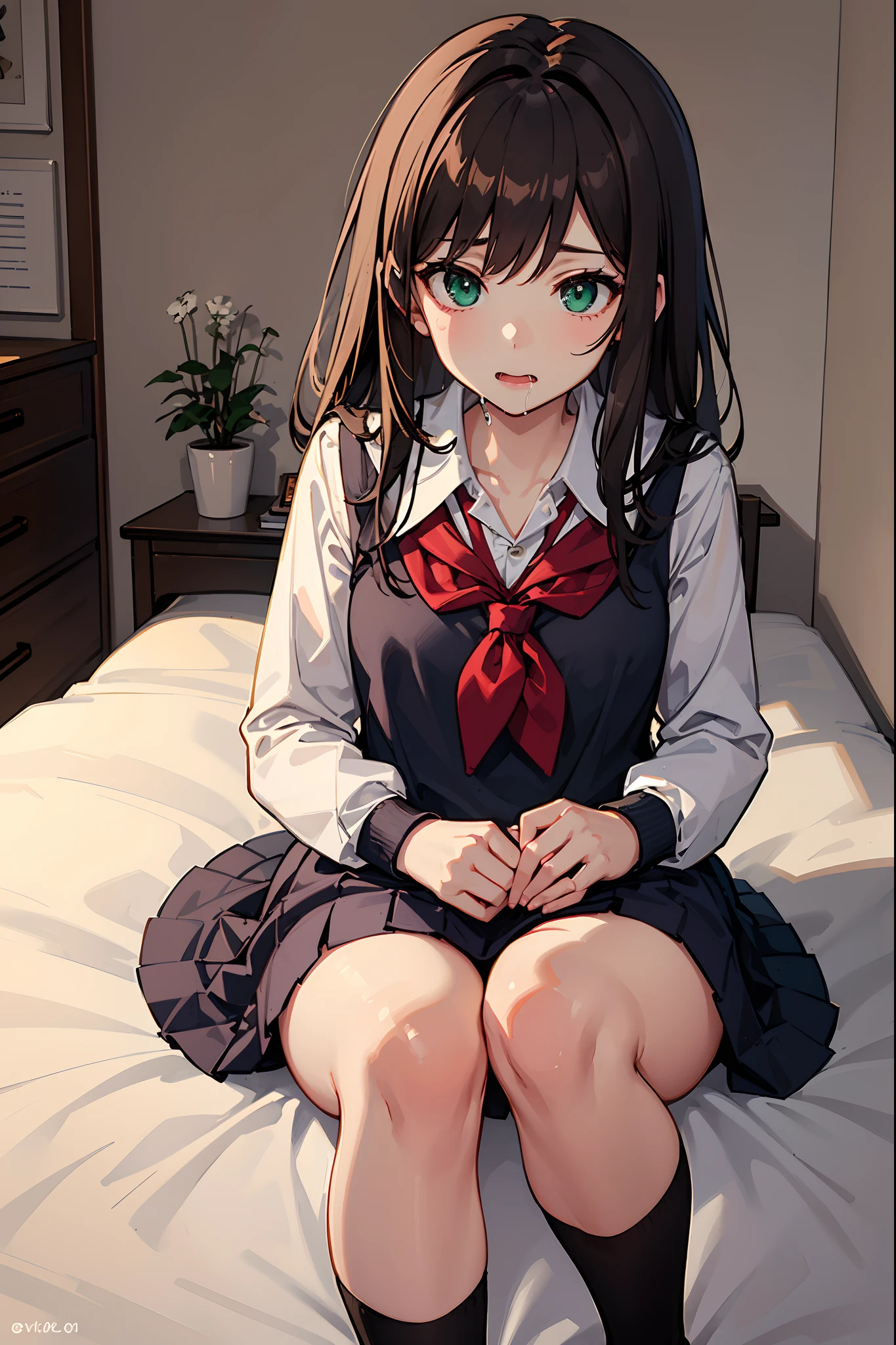 Masterpiece, one girl, solo, school girl in black knee socks, school uniform, very delicate eyes, neat face, cute, 8k, green eyes, brown hair, on bed, in bedroom, hypnotized, brainwashed, drooling, mind control