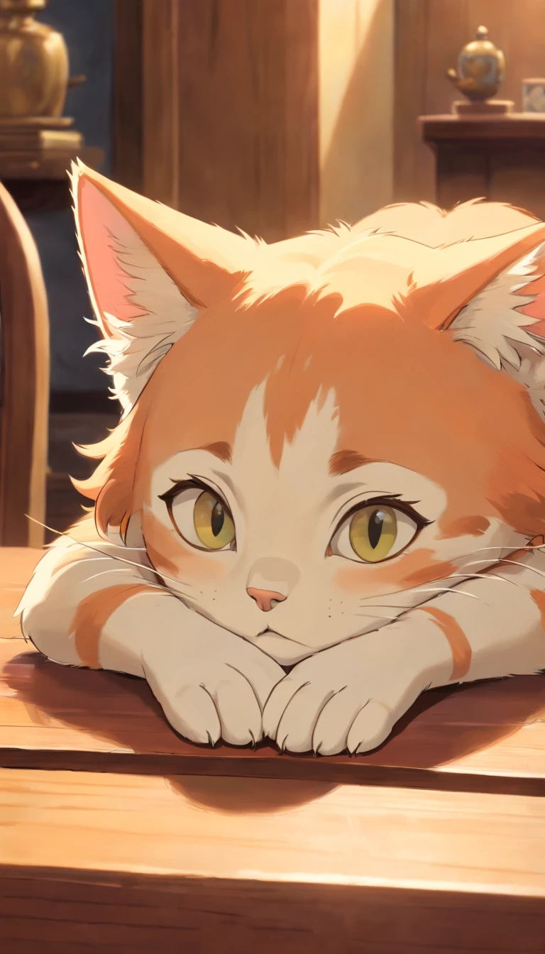 Kitten side head and paws lying on the table