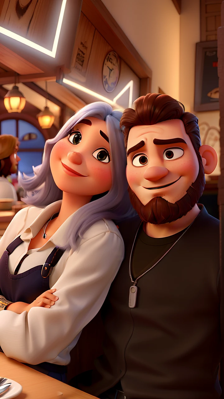Um casal ao estilo da Pixar, alta qualidade, best quality, e homem de olhos castanhos com barba fechada, mulher baixa e com cabelos com mechas loiras, em um restaurante de luxo