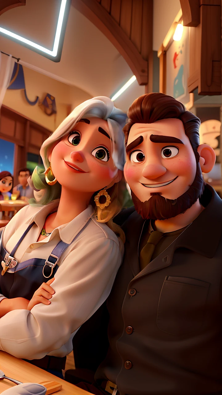 Um casal ao estilo da Pixar, alta qualidade, best quality, e homem de olhos castanhos com barba fechada, mulher baixa e com cabelos com mechas loiras, em um restaurante de luxo