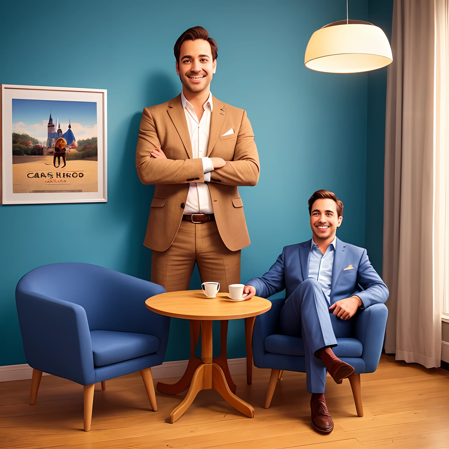 Carlos Barros, Young face in 3d poster Disney pixar in blue suit and pants, arms crossed, olhando para frente e sorrindo com os dentes aparecendo; The setting is a cozy living room with an armchair in the corner with a round table with a lampshade and a medium light and underneath a cup of coffee