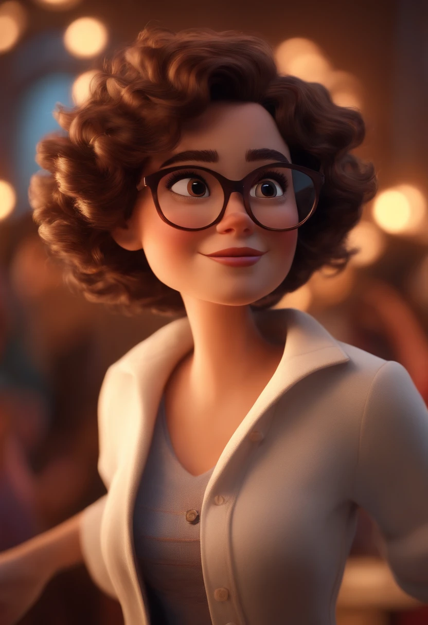 Pixar style image with 3D character white glasses brunette woman short curly hair dancing, Maquiagem Disney,Pescador, bonitinho, sorridente ,Close-up, Pixar, Disney, Cinema lighting,