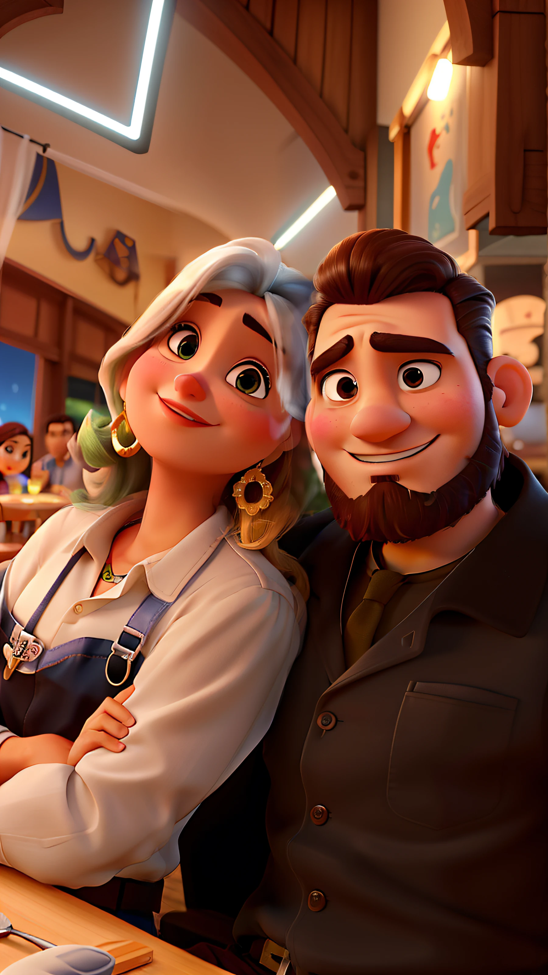 Um casal ao estilo da Pixar, alta qualidade, best quality, e homem de olhos castanhos com barba fechada, mulher baixa e com cabelos com mechas loiras, em um restaurante de luxo