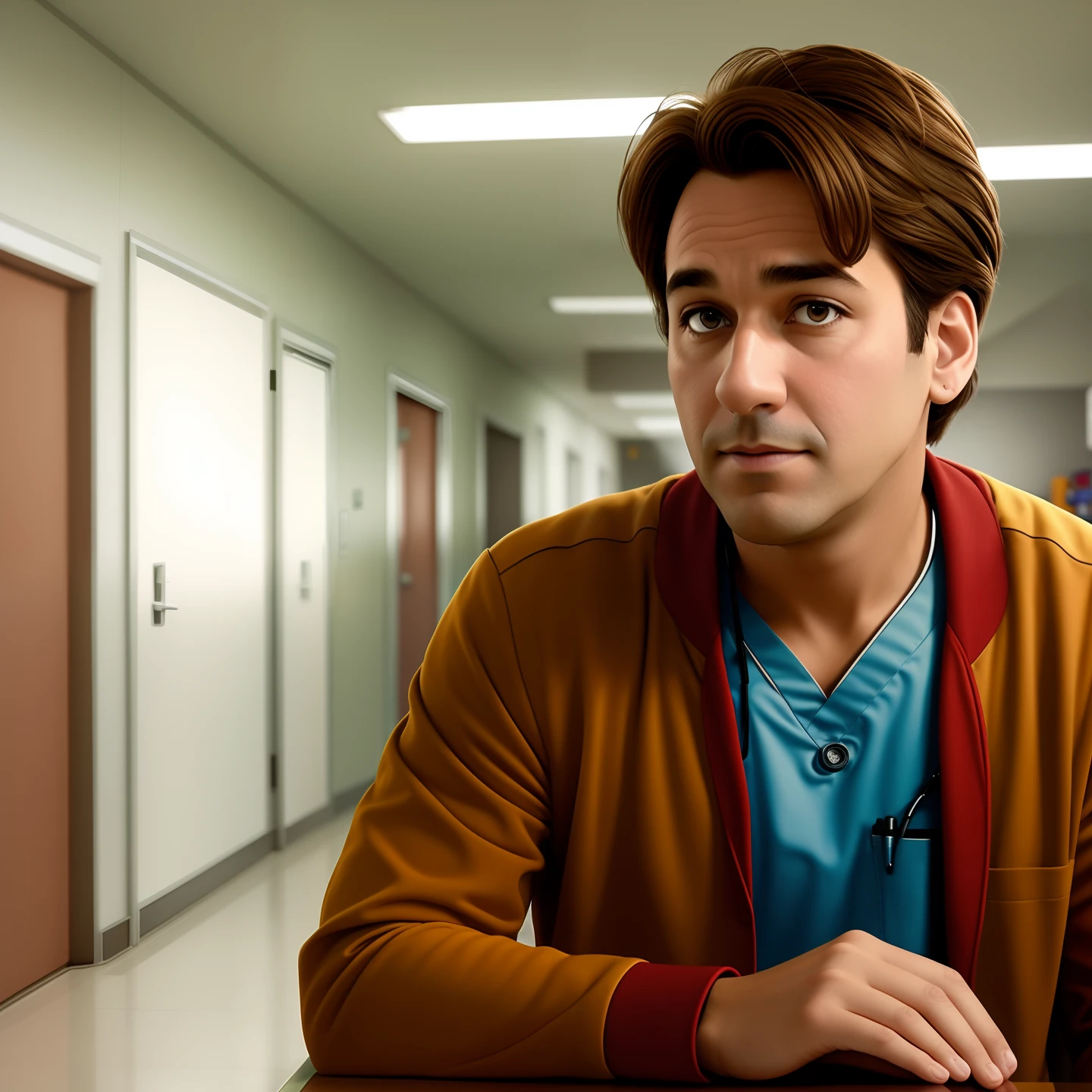 Estilo pixar. Um doutor magro, Clown light brown hair in a hospital setting