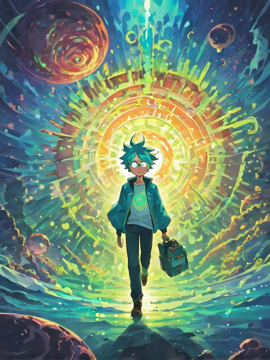 A digital artwork of Rick and Morty, showcasing their eccentric personalities. They stand in an otherworldly landscape, with swirling portals behind them. The background is filled with vibrant colors and cosmic elements, reflecting the show's sci-fi theme. The style is influenced by psychedelic art, with bold brushstrokes and trippy patterns.