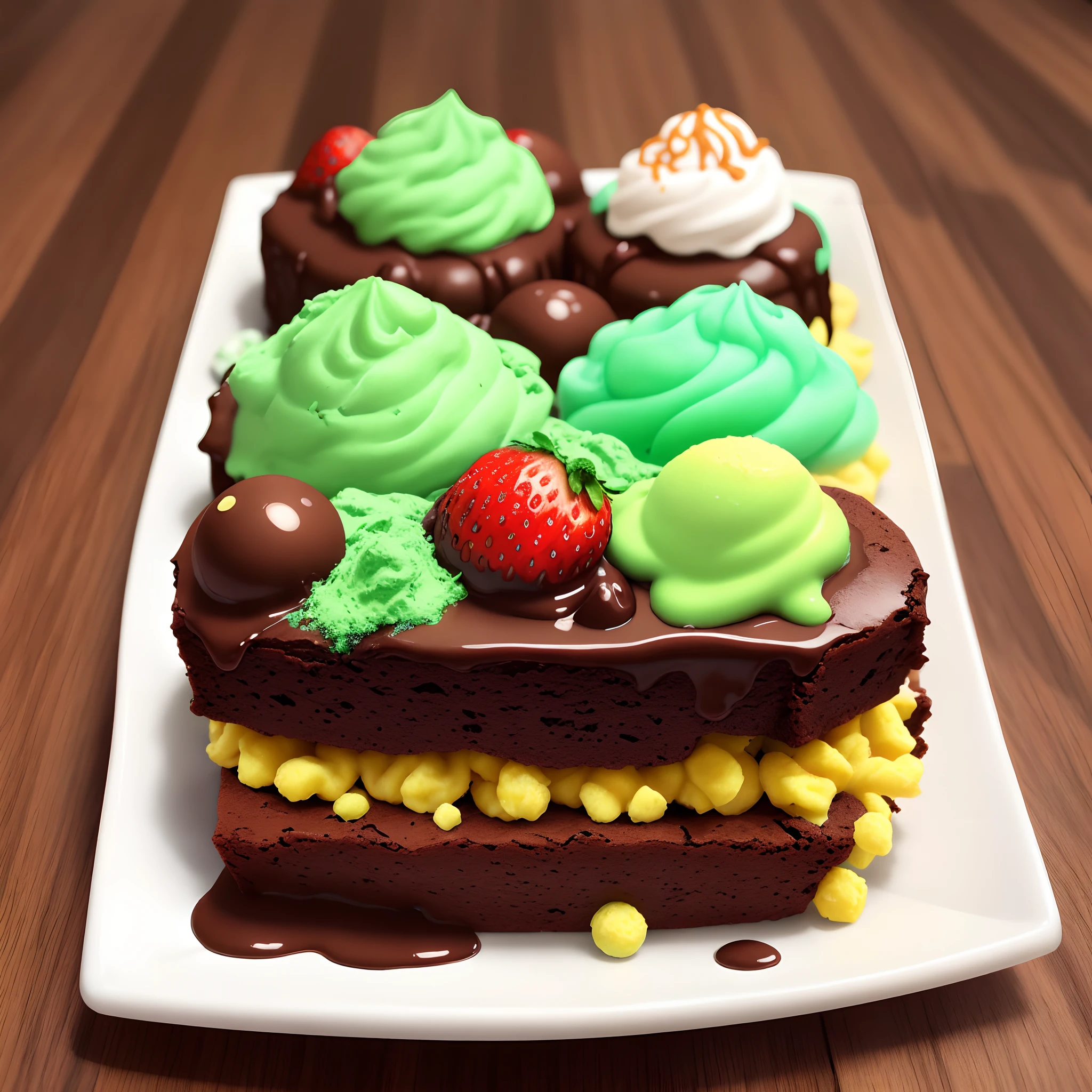 Brownie chocolate negro, nata y fresas, fideos de colores y bolas de helado de menta