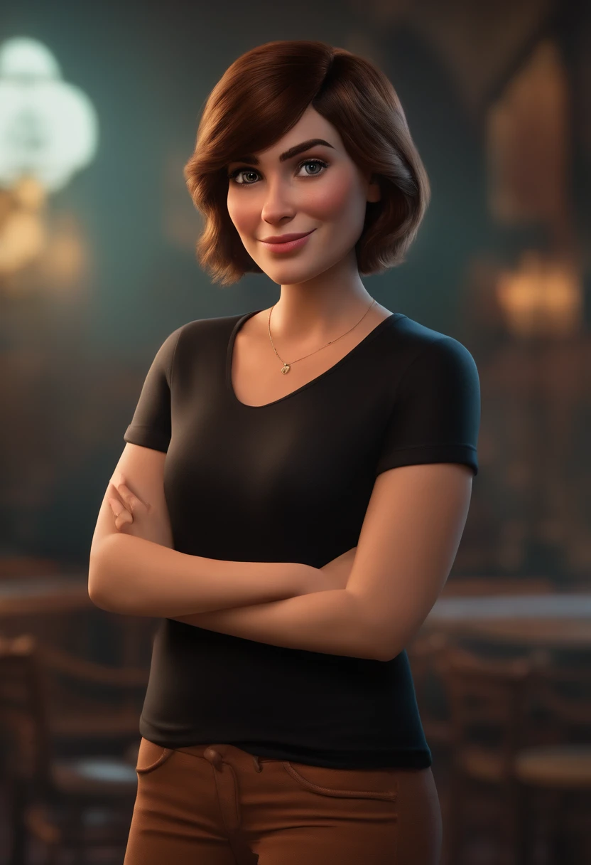 filme Marketing 2023 estilo filmes Pixar, Com nome "N - Marketing", poster, With short, lighter brunette hair and a black t-shirt in front of her crossed arms.