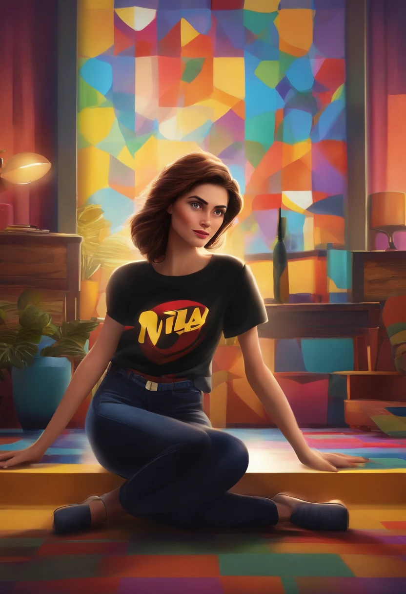 filme Marketing 2023 estilo filmes Pixar, Com nome "N - Marketing", poster, With short, lighter brunette hair and a black t-shirt in front of her crossed arms.