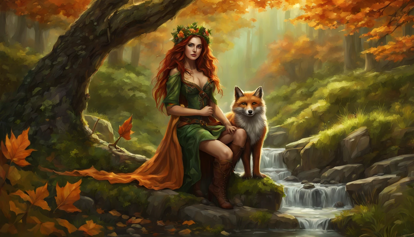 Masterpiece, high details, best quality, 8k, [ultra detailed], masterpiece, best quality, (extremely detailed), dynamic angle, ultra wide shot, RAW, photorealistic, fantasy art, dnd art, rpg art, realistic art, a wide angle picture of a female fairie ranger and her pet fox, warrior of nature, fighter of nature, full body, [[anatomically correct]]. dynamic position (1.5 intricate details, Masterpiece, best quality) talking to a fox, red fox, fantasy style, smoothlight (1.6 intricate details, Masterpiece, best quality) in forest (1.5 intricate details, Masterpiece, best quality), a female wearing hooded royal green cape (modest medium length dark green skirt with corset top) with thigh high green leather boots and hat (1.4 intricate details, Masterpiece, best quality), thick hair, long hair, auburn red hair, fair skin intense (brown) eyes, forest background (intense details), a stream flowing in the backgraound (1.4 intricate details, Masterpiece, best quality), dawn light, clouds (1.4 intricate details, Masterpiece, best quality), dynamic angle, (1.4 intricate details, Masterpiece, best quality) 3D rendering, high details, best quality, highres, ultra wide angle, celtic fantasy, clover, poison ivy, fae, goddess of mischief, green magic, (wearing green tophat), pixie, fairy, celtic, Autumn, beautiful autumn spirit, fall season, Dark colored roses, perfect creation, perfect art, highly detailed, detailed art, masterpiece, perfect creation, perfect art, (outlined iris), (perfect eyes), (full figure),