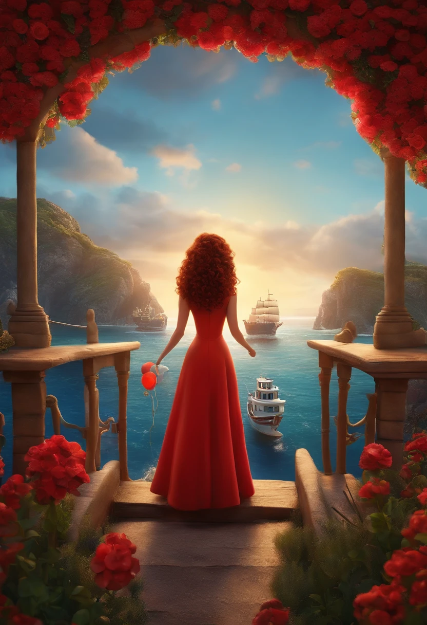 Imagem estilo Pixar com personagem 3D brancos mulher cabelo cacheado curto vermelho Maquiagem Disney,Pescador, bonitinho, sorridente ,Close-up, Pixar, Disney, Cinema Lighting,